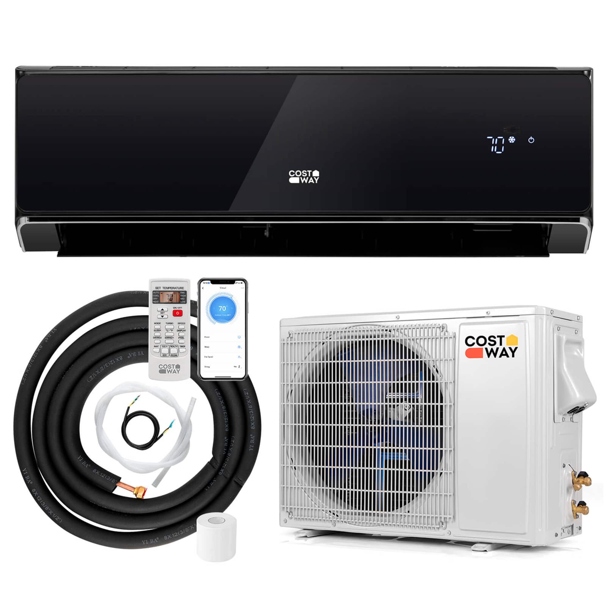 Costway - 12000 BTU Wifi Enabled Mini Split Air Conditioner & Heater with Heat Pump Black - Black + White