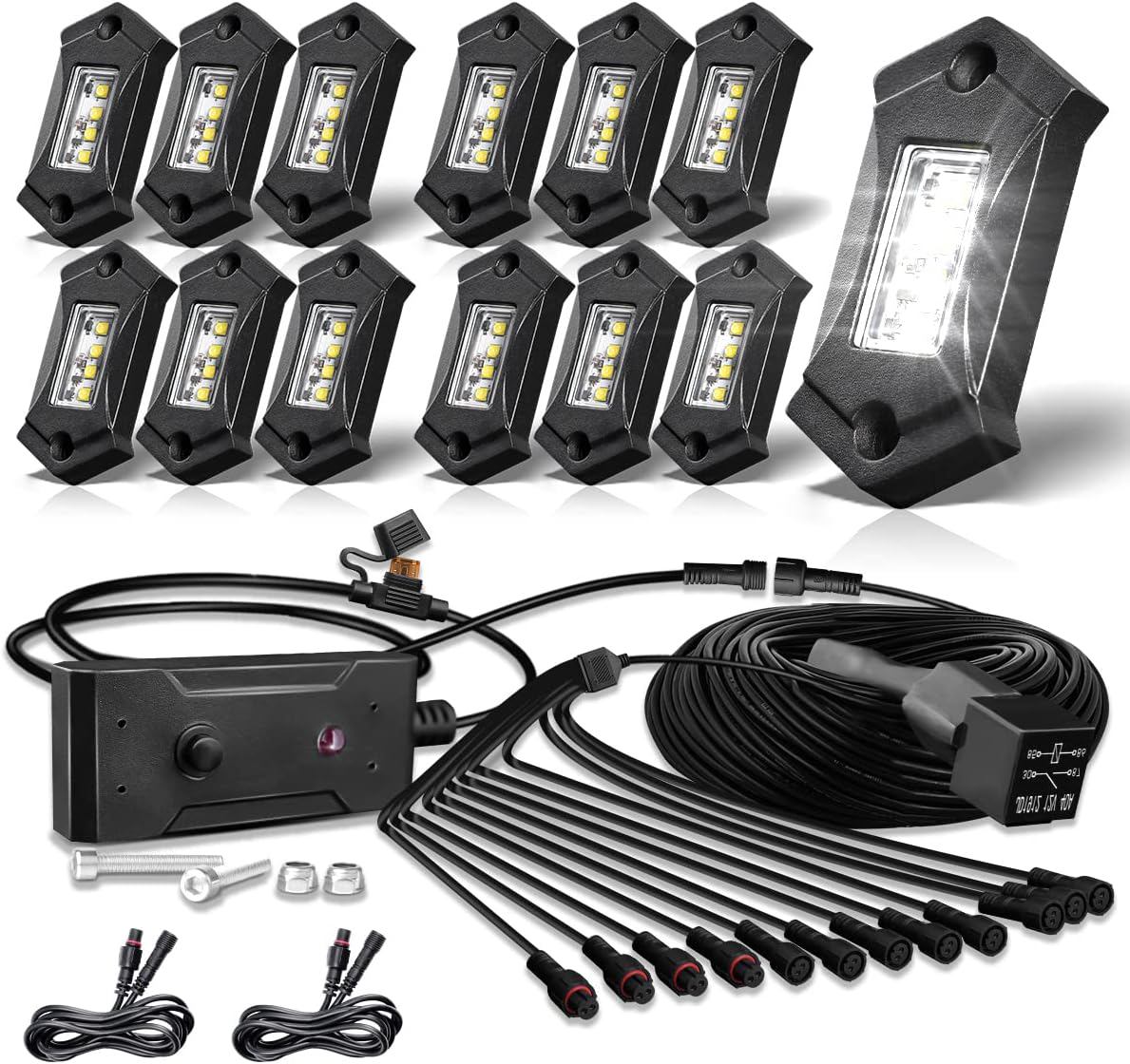 R3 White LED Rock Lights Kits with Switch Wire Harness 12PCS for Trucks Off Road RZR SUV ATV UTV Super Bright Pure White Under Glow Trail TRAI Rig Lights High Power Waterproof
