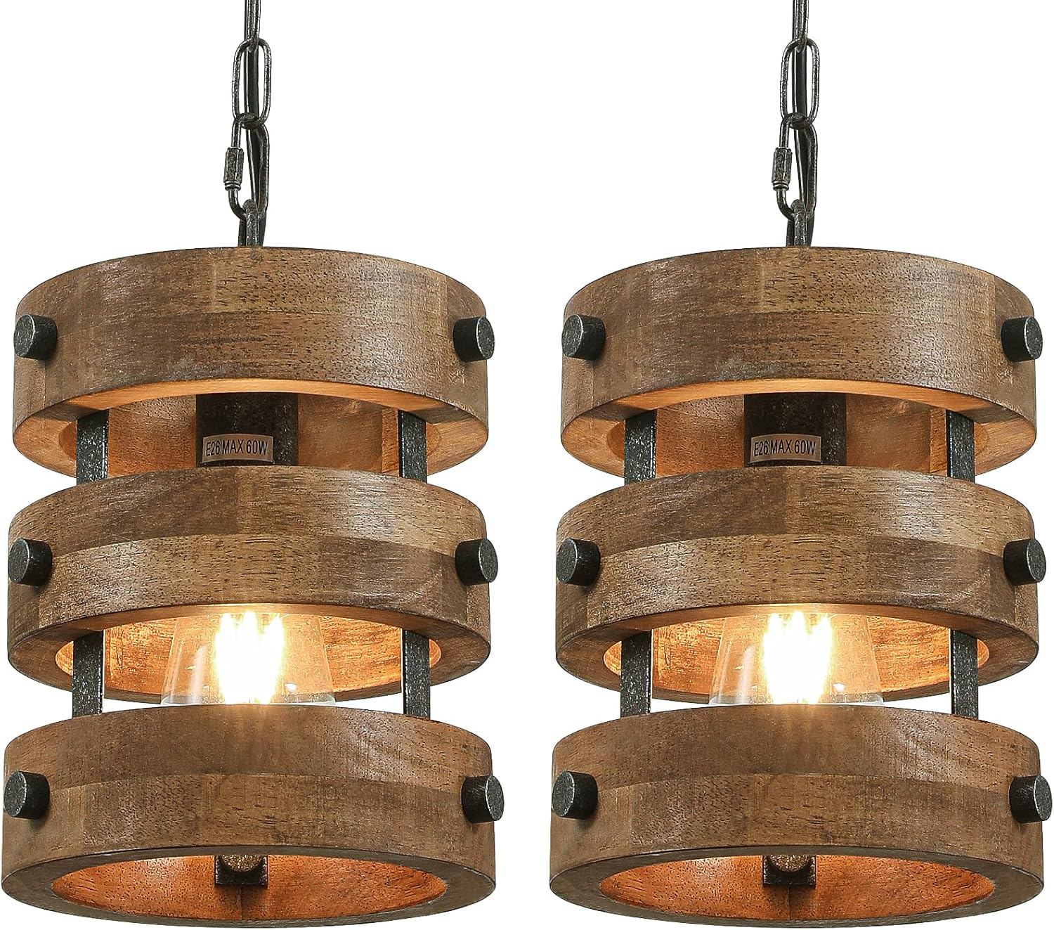 Farmhouse Pendant Light 1-Light Rustic Pendant Lighting 7" Brown Solid Wood Hanging Light Fixture for Kitchen Island Dining Room Bar Hallway, 2 Pack