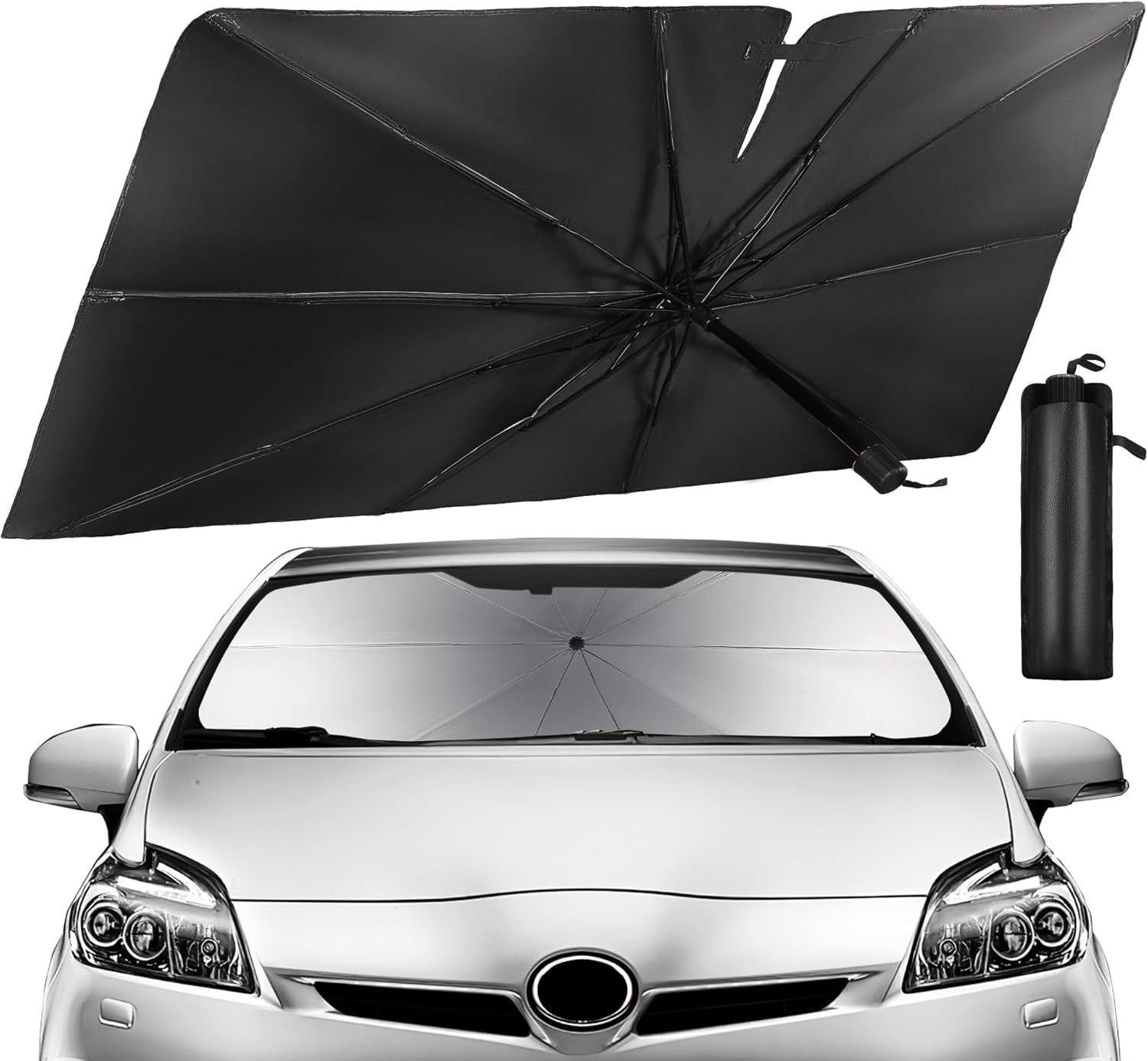 Windshield Sun Shade Umbrella Front Window Sunshade Foldable Sun Block Heat Insulation Sun Visor Fit Most Sedan (57''x 31''Updated Model)
