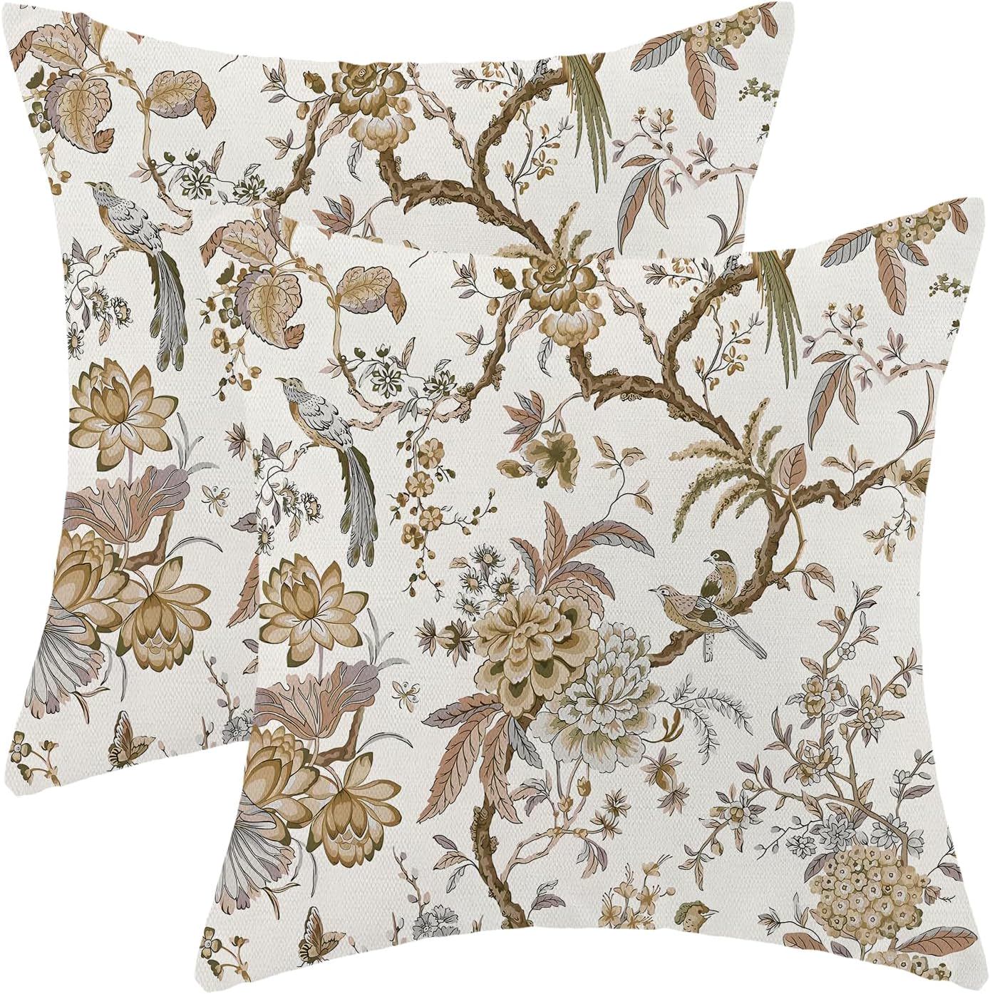 Chinoiserie Spring Pillow Covers 18 x 18 Inch Set of 2 Brown and White Floral Birds Throw Pillows Plant Outdoor Decorative Pillowcase Linen Cushion Cases for Bed Sofa Couch