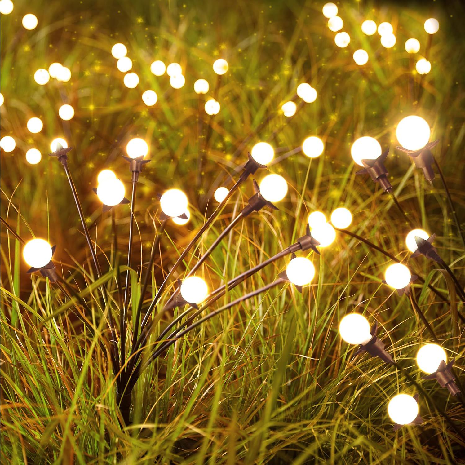 Brightown Solar Garden Lights - 4 Pack 48 LED Firefly Lights with 2 Lighting Mode, Sway by Wind, Waterproof Solar Light for Outdoor Outside Yard, Warm White