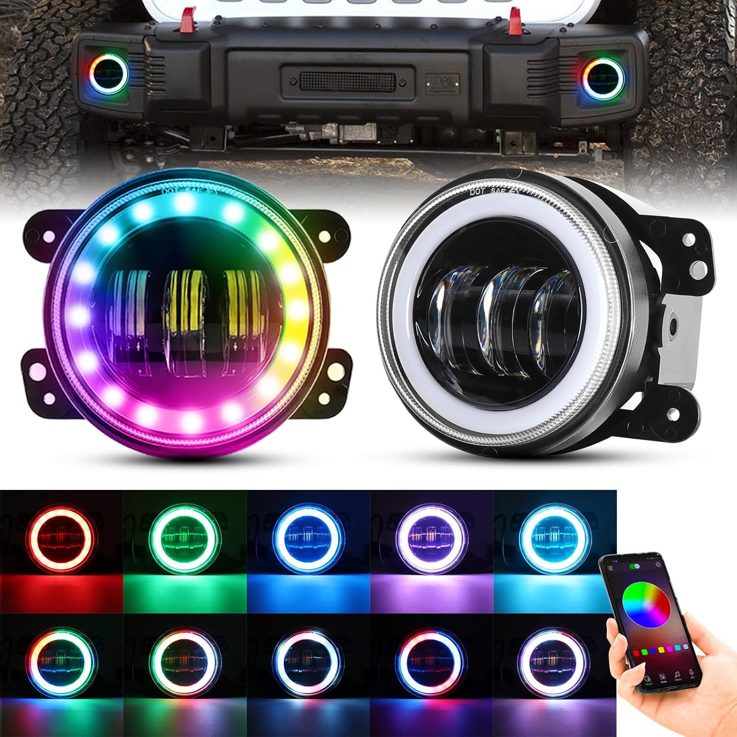 YEEGO DIRECT 4 Inch LED Fog Lights for Wrangler 2007-2018 JK JKU LJ TJ, RGB Halo Ring Angle Eye, DRL Front Light With Amber Turn Signal, 60W, DOT Approved
