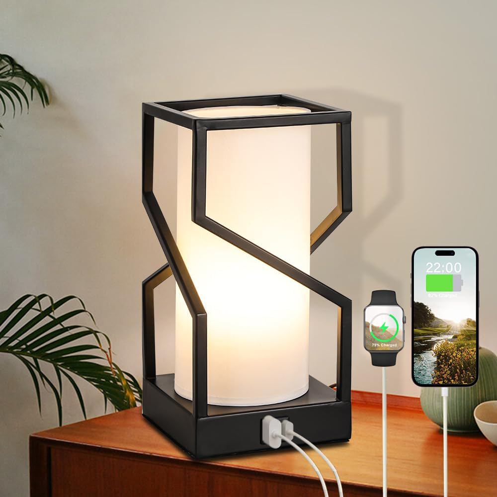 Modern Table Lamp, Nightstand Lamp Bedside Lamps with USB + Type C Charging Port, Touch Control Black Bedroom Lamps with 3 Levels Dimming, Square Desk Lamp for Bedroom, Office
