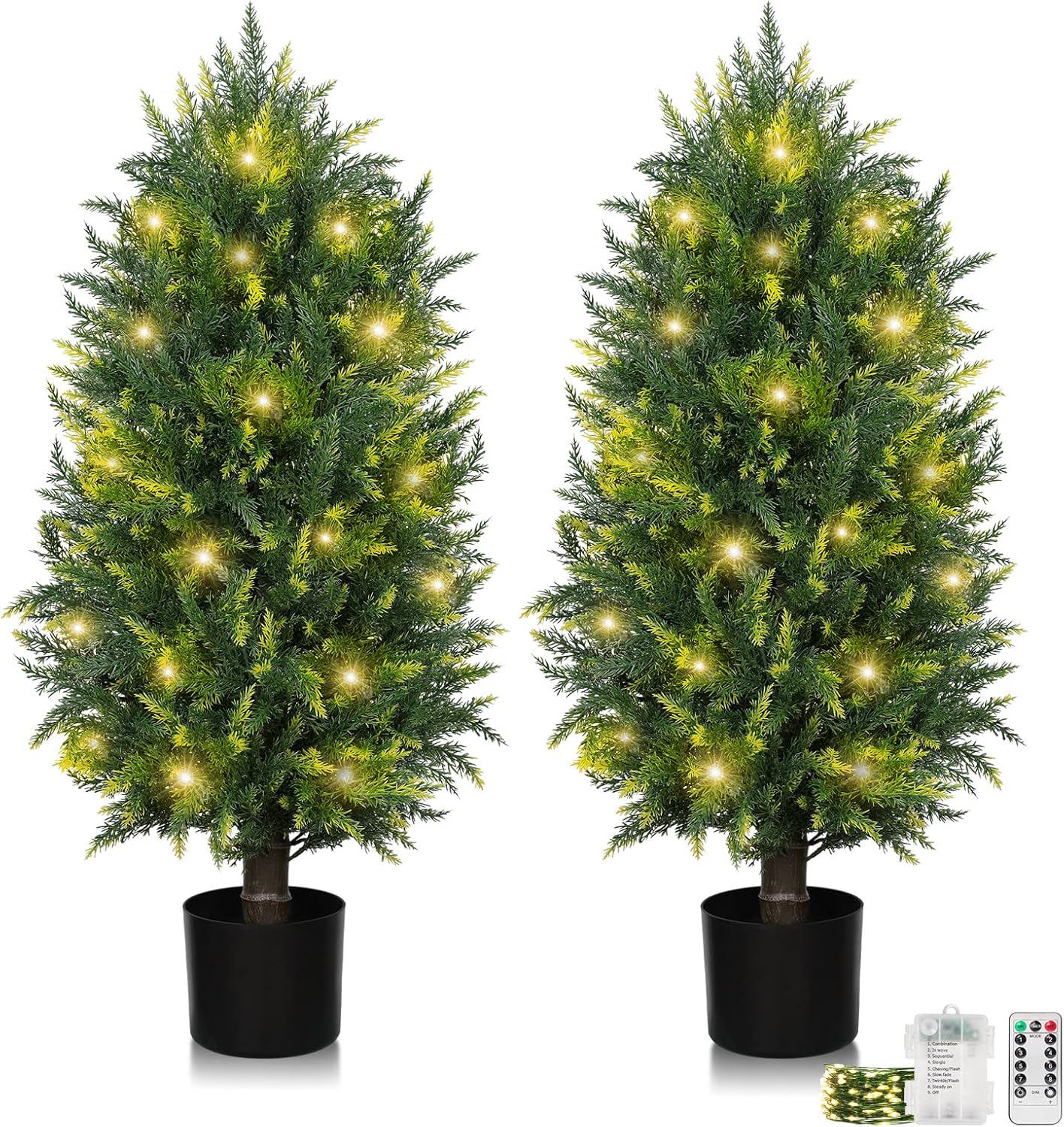 3ft Artificial Cedar Topiary Trees, Realistic Faux Cedar Pines for Outdoor Front Porch Décor - Pre Potted Cypress Shrubs UV Rated Fake Plants for Indoor and Outdoor Use