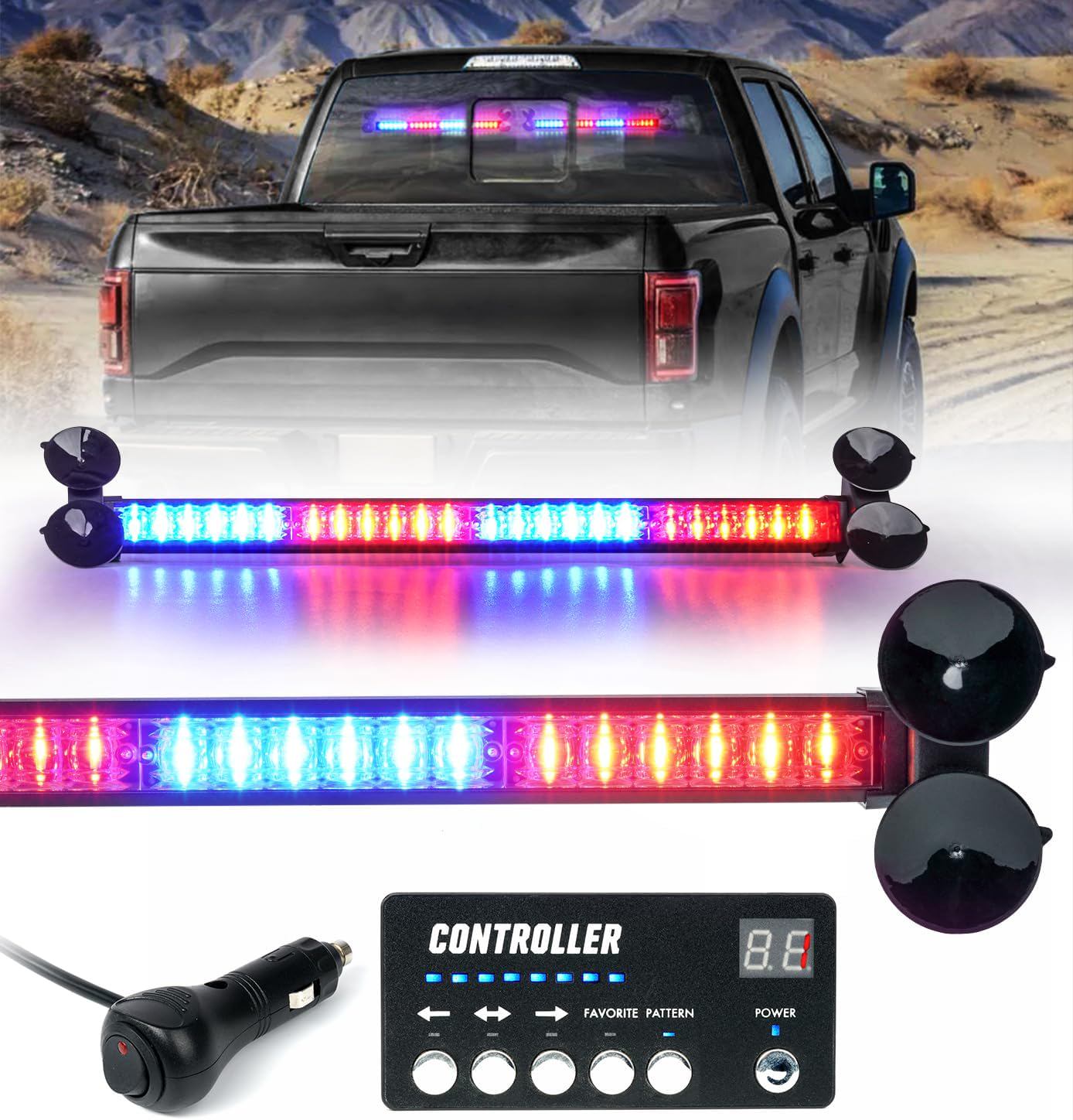 LUMENIX LED Traffic Advisor Strobe Light Bar w/Controller 2x19 Inch Rear Window Windshield Emergency Flashing Warning Safety Lightbar for Security Vehicles Police Cop Trucks Car - Blue Red