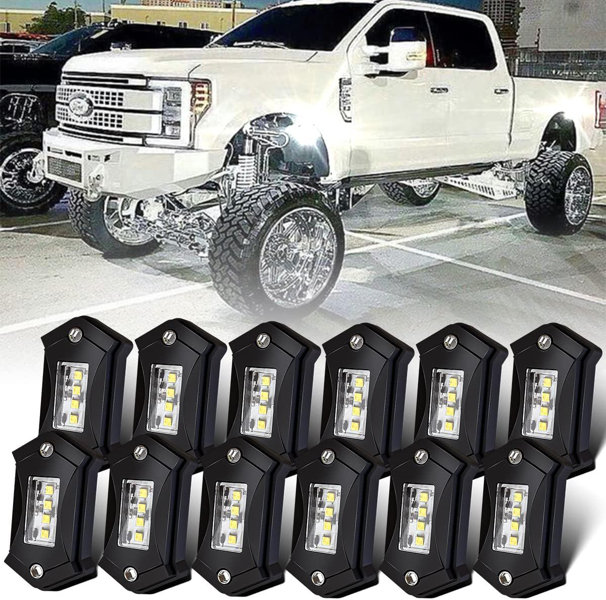 R3 LED White Rock Lights 12Pods Die-Cast Aluminum 6000K Super Bright Underglow for Truck SUV UTV ATV RZR Offroad Car Boat Underglow Lights High Power Underbody Glow Neon Trail Rig Lamps