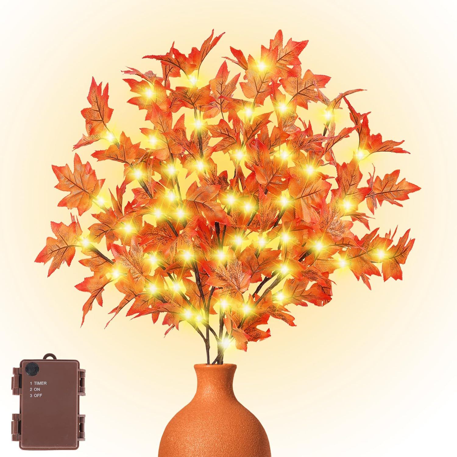 Remon 30 Inch Fall Lighted Maple Branches - Faux Light Up Fall Maple Stems with 60 LED Lights, 120 Leaves (Maple), Brown, Yellow, Orange, 2D-QFY-30IN