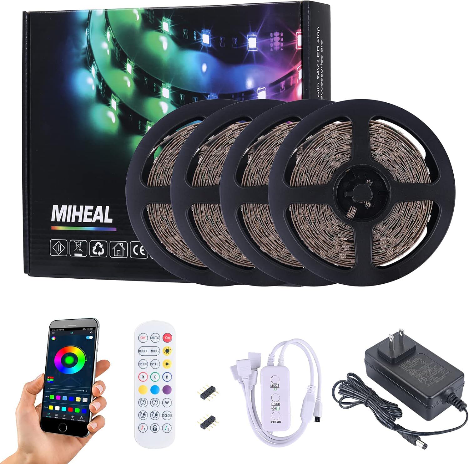 MIHEAL 65.6FT Bluetooth LED Strip Lights, Music Sync Color Changing LED Lights,24Key Remote, App Controlled Light Strip,600 LEDs Lights for Home,Bedroom