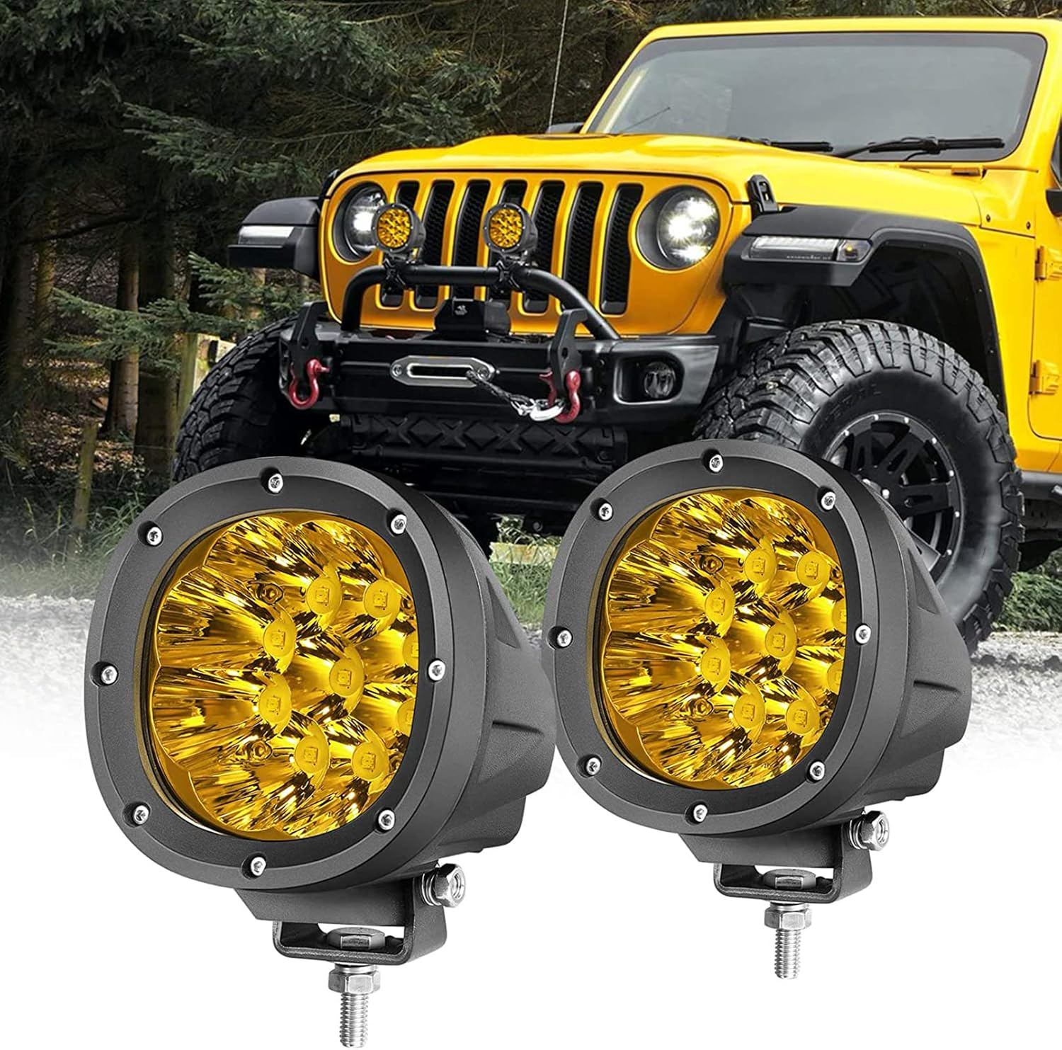YCHOW-TECH 4 Inch Amber Round LED Driving Light, 2PCS 90W 9000LM Yellow Fog Pods Light Bar Off-Road Flood Work Energy-Efficient Lights for Truck Jeep Pickup ATV UTV SUV
