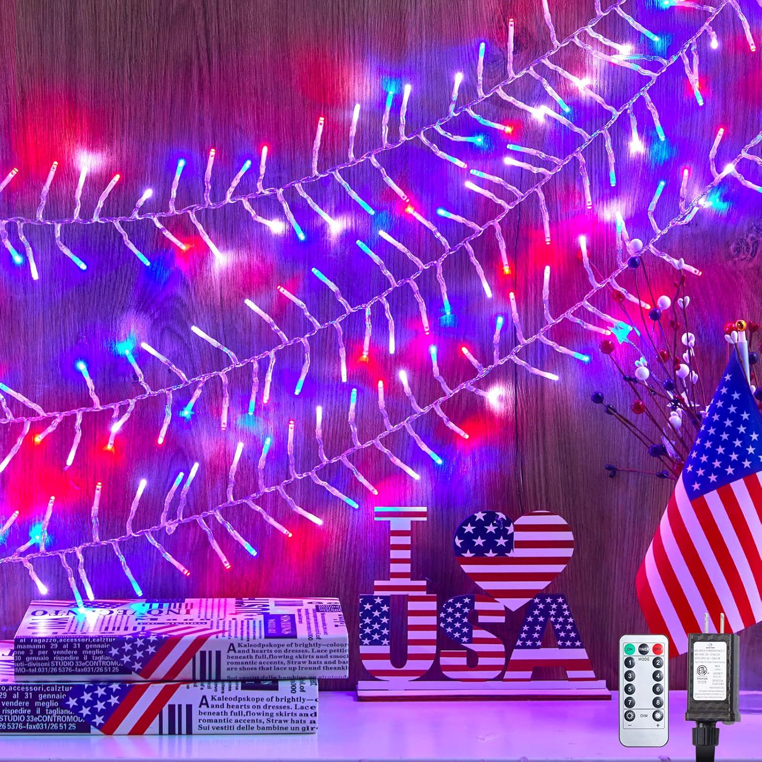 Brightown Red White Blue Lights, 1000LED 50FT 4th of July Lights Patriotic Cluster String Lights 8 Modes Waterproof Memorial Day Decor for Indoor Outdoor Independence Day Patriotic Holidays