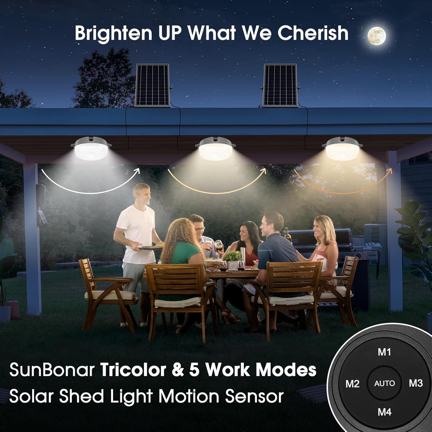 Solar Ceiling Light Motion Sensor 2 Pack, 5 Modes 3200K/4000K/6000K Dimmable Daytime Available Solar Shed Lights with ON Off Switch & Remote Solar Lights Indoor/Outdoor for Home Barn Shop