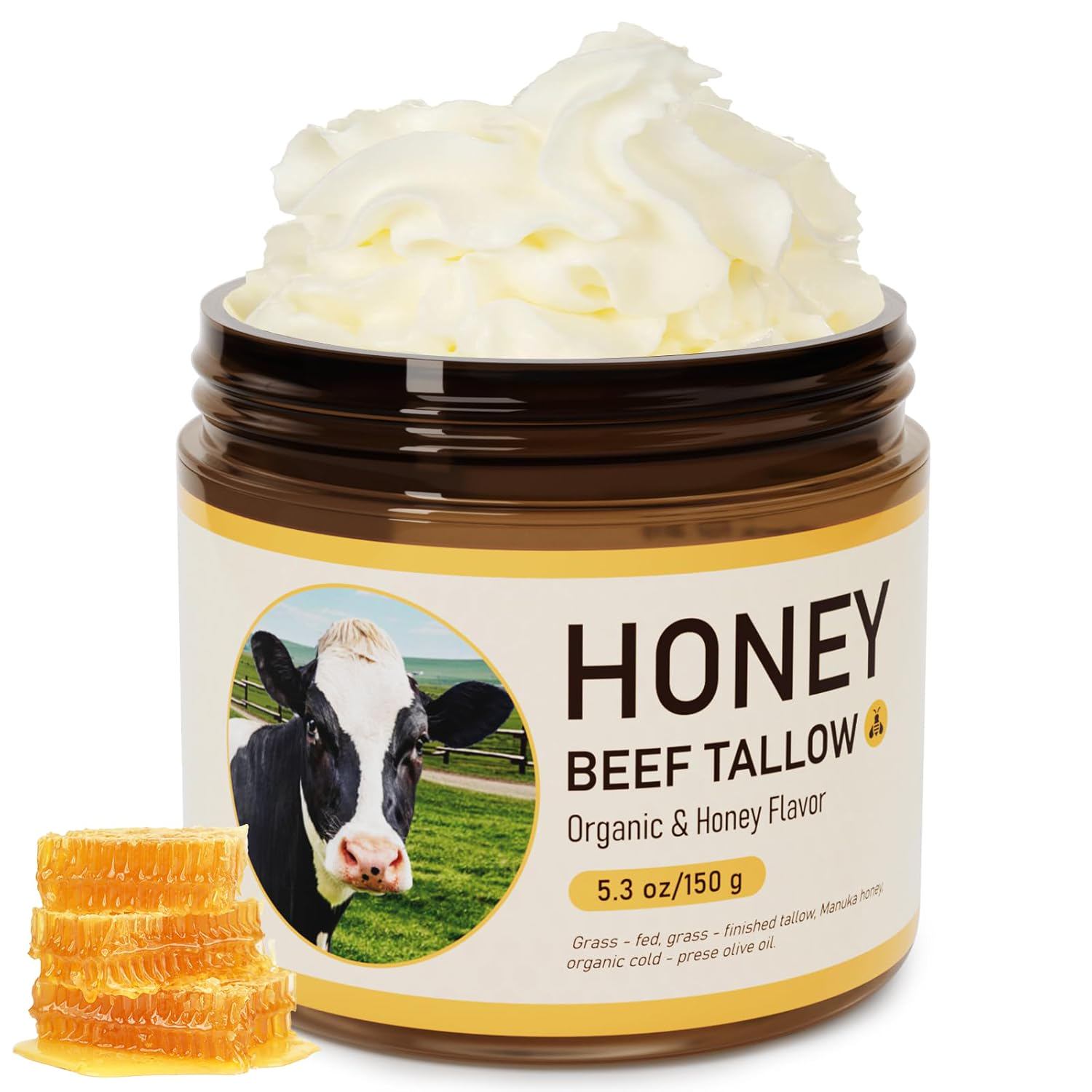 Outccogo Beef Tallow, Beef Tallow for Skin, Tallow Face Moisturizer, Honey Beef Tallow Blam Grass Fed Whipped Tallow Face Cream Moisturizer Body Lotion Skin Care, 5.3 OZ