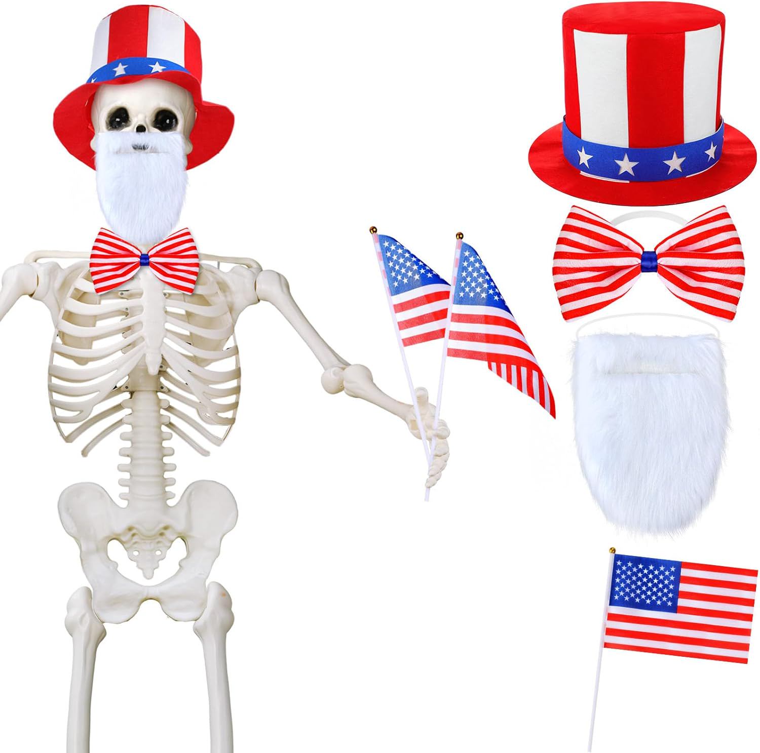 Suzile 5 Pcs 12 ft Skeleton Accessories 4th of July Hat American Flag Beard Bowtie Giant Skeleton Outfit Independence Day Costume Clothes for Patriotic Garden Lawn Outdoor Decor