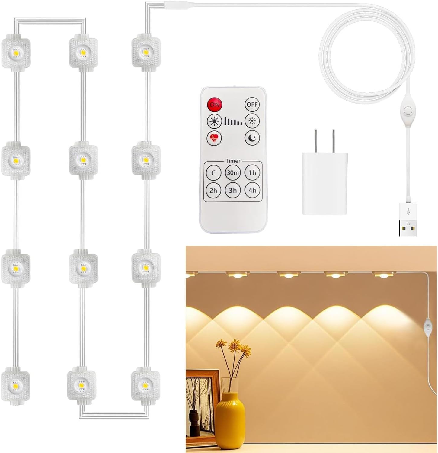 Under Cabinet Lighting with Remote Control, 9.84FT Warm White 5V LED Strip Lights with Adapter, Plug in Under Cabinet Lighting, LED Cabinet Lights for Kitchen Cabinet Counter Shelf Showcase