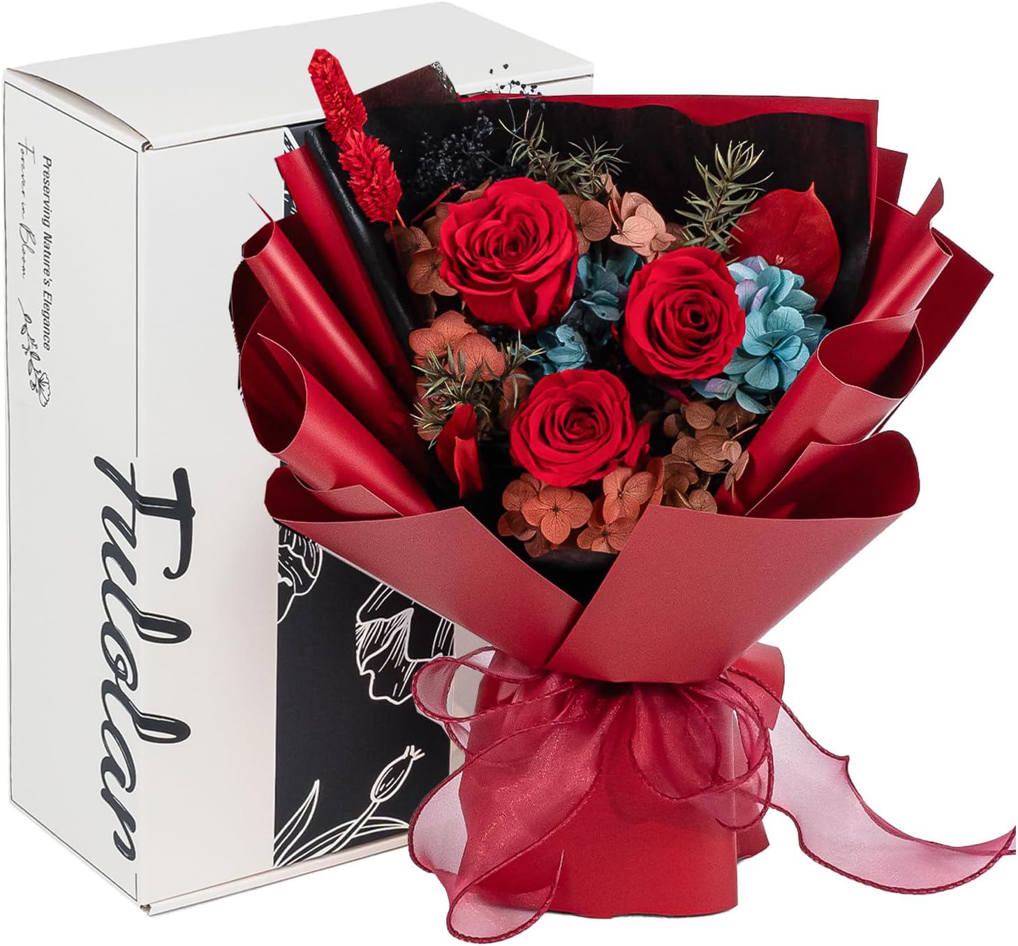 Fulolar Preserved Flowers Bouquet, Flowers for Delivery Prime, Gift Box Packed Natural Long Lasting Forever Rose Mix Bouquet, for Mother, Girl Friend, Mom, Wife, Birthday, Anniversary -Red
