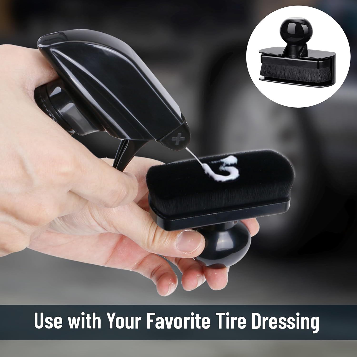 Car Tire Shine Applicator,Large Vegan Tire Shine Brush - Automotive Tire Dressing Applicator Brush with Storage Stand for Tire Detailing & Car Wash Kit, Black, 3.6 Inch Length (Black)