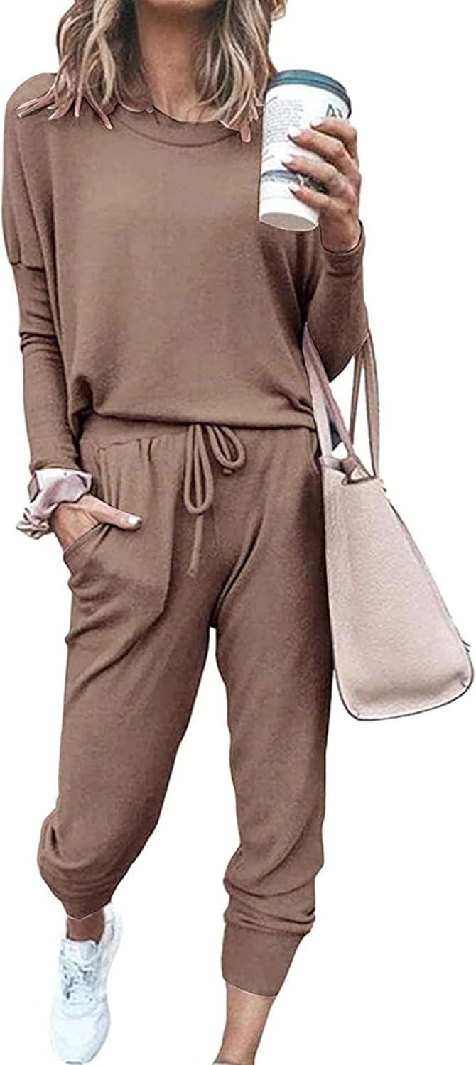 PRETTYGARDEN Women's Spring Fall 2 Piece Lounge Outfit Long Sleeve Crewneck Pullover Tops High Waisted Pants Set Tracksuit - (color: Dark Khaki, size: X-Large)