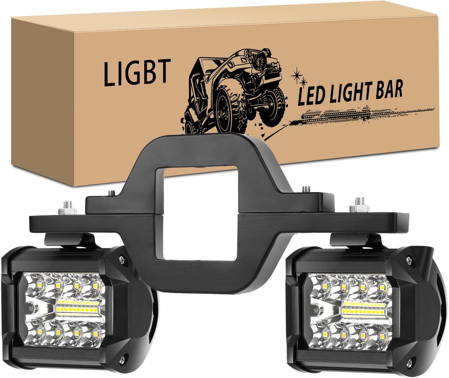 LIGBT 2 Pcs 4 Inch Led Light Pods with 2 Inch Tow Hitch Mounting Brackets Fit for Dual LED Work Lights Bar Pod 60W Flood Spot Combo LED Light Bar for Truck ATV SUV Pickup Trailer