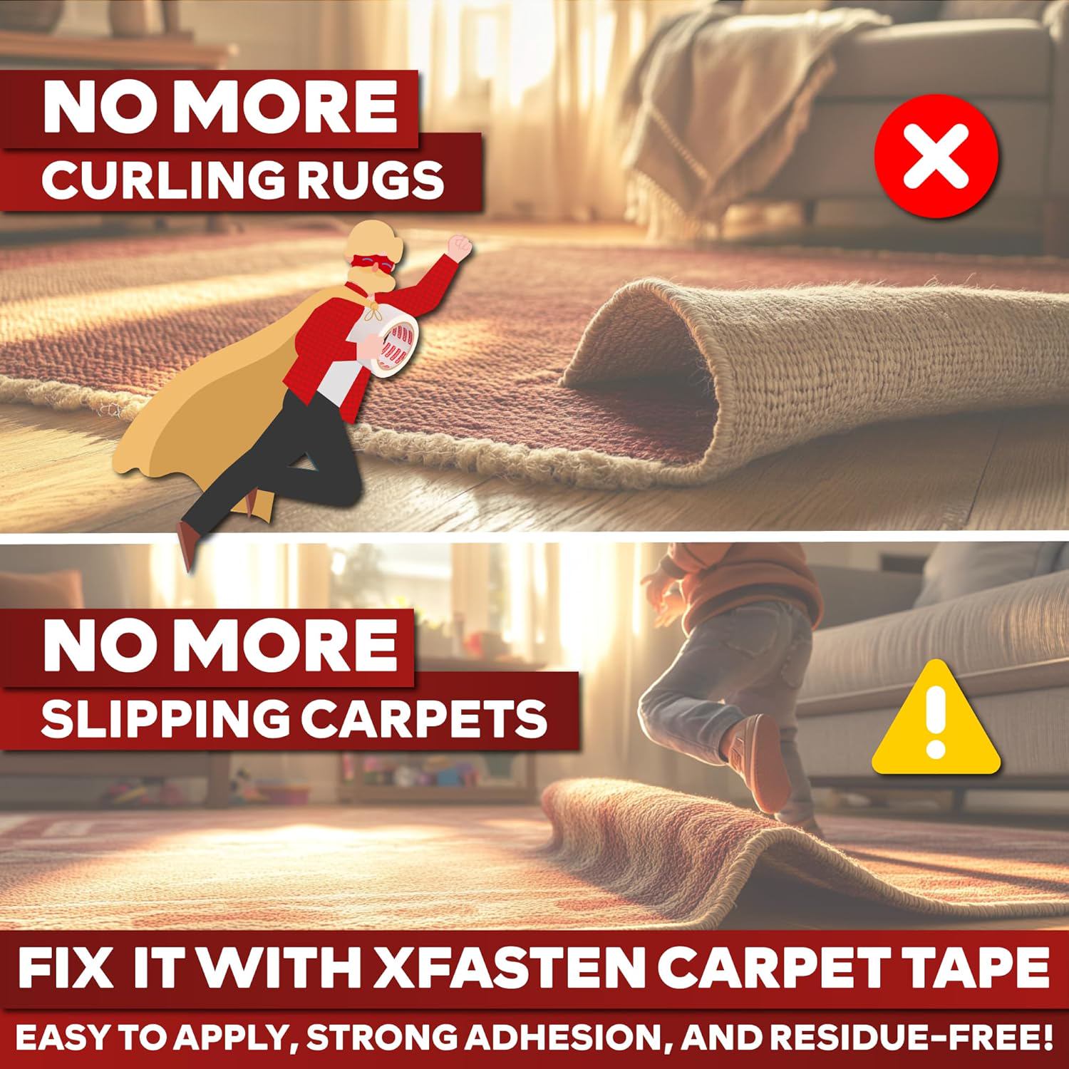 XFasten Carpet Tape Double Sided - Heavy Duty 2” x 20 yds Gentle on Surface Double Sided Carpet Tape for Area Rugs Over Carpet for Hardwood Floors, Corner Rug Tape for Carpet to Carpet