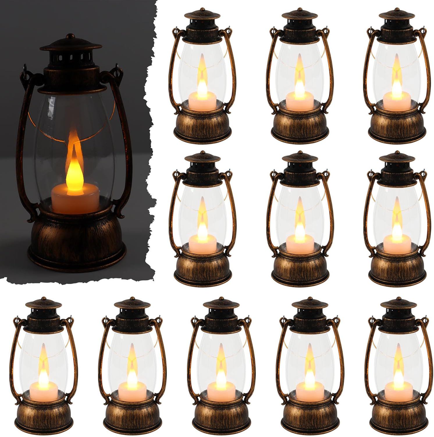 12Pcs Mini Lantern Decorative with Flickering LED Candle, Bulk 6Inch Hanging Candle Lantern, Table Centerpiece, Vintage Lantern Decorations for Western Party Decor,Battery Included (Brown)
