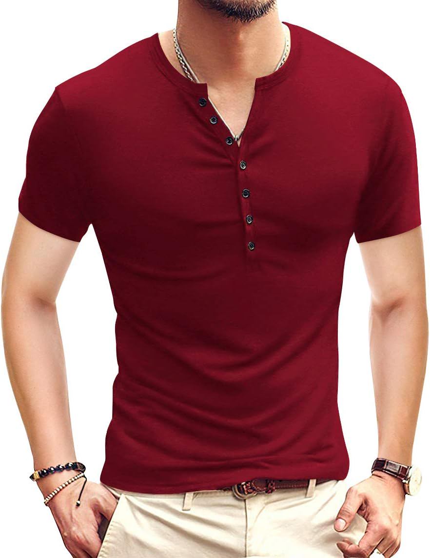 YTD Mens Casual Slim Fit Basic Henley Long Sleeve Fashion T-Shirt - (color: Wine Red, size: XX-Large)