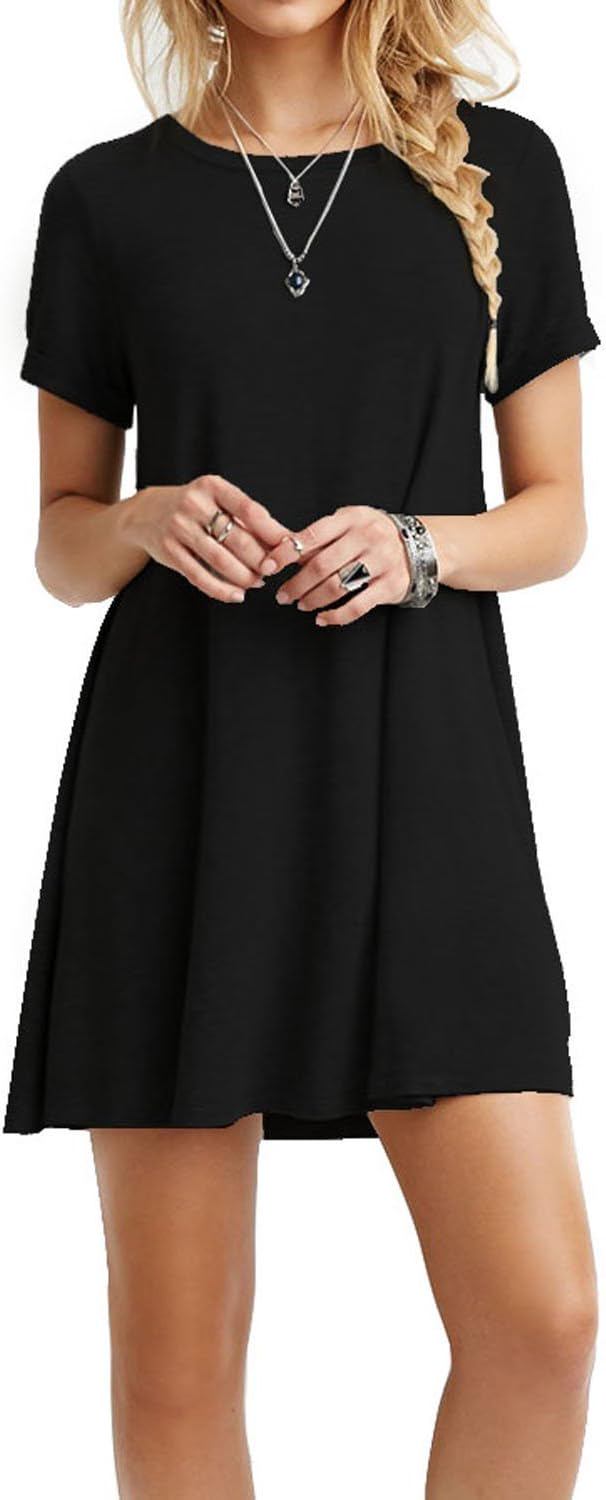 TOPONSKY Women's Casual Plain Simple Loose Flowy Short-Sleeve T-Shirt Dress - (color: Aa Black, size: Small)