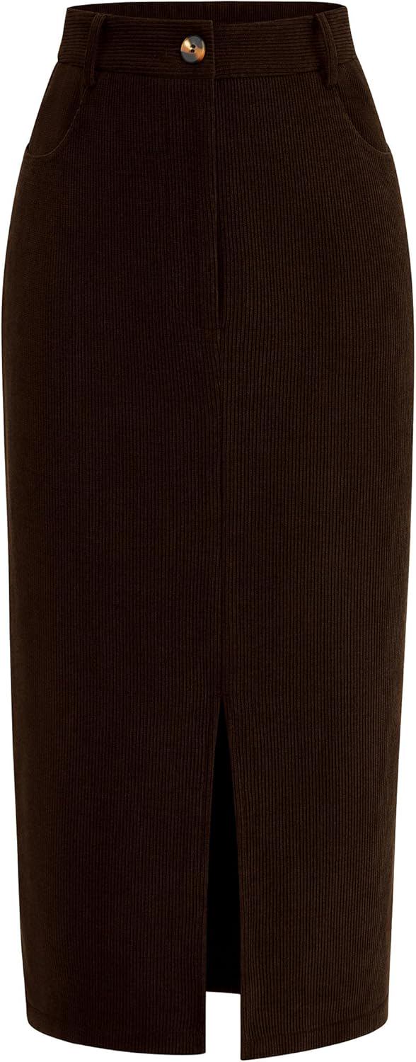 PRETTYGARDEN Women's Fall Midi Pencil Skirts Dressy Casual Work Office High Waisted Trendy Winter Corduroy Skirt with Slit