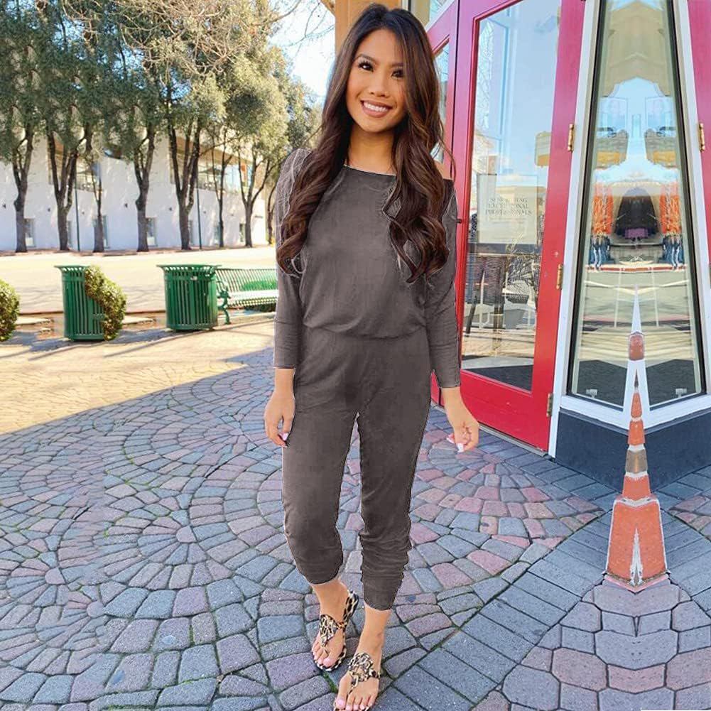PRETTYGARDEN Women's Casual Long Sleeve Jumpsuit Crewneck Off Shoulder Elastic Waist Stretchy Romper