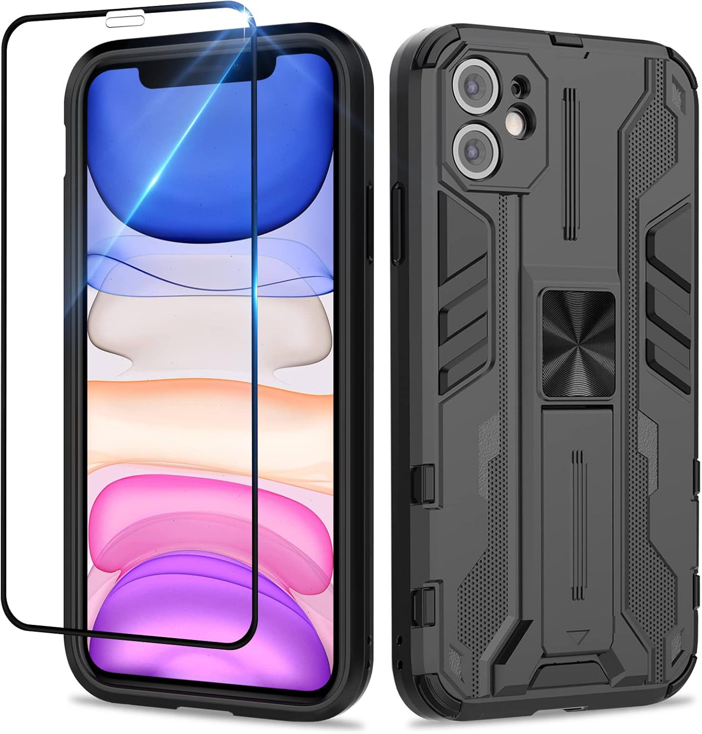 Case Compatible with iPhone 11, with Screen Protector Tempered Glass, Heavy Duty Shockproof Tough Armour Case with Stand Protective Personalised Phone Cover - Black
