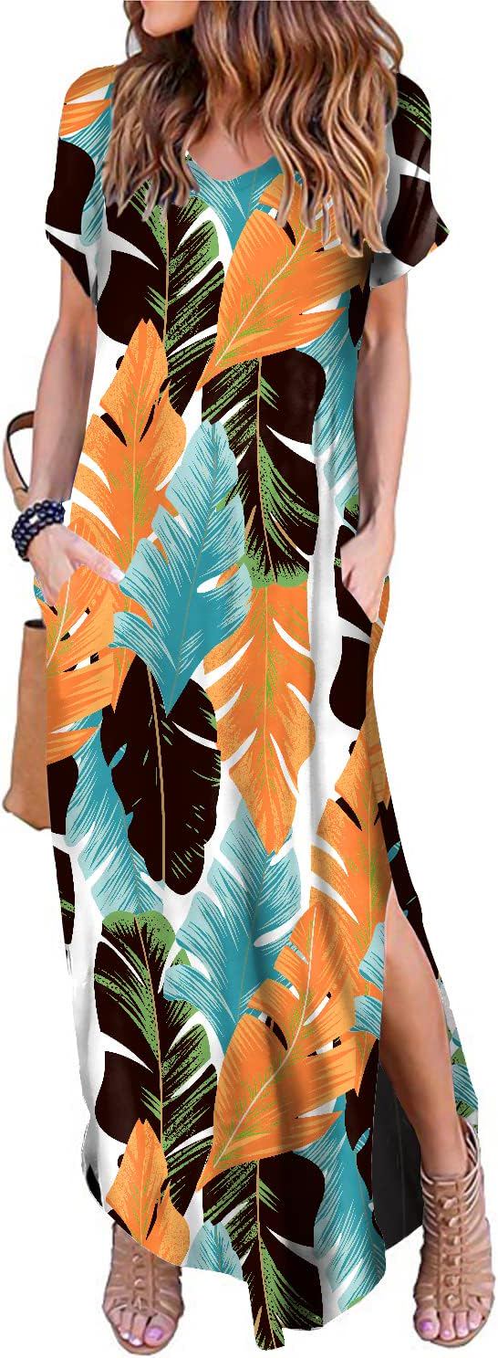 Women's Casual Loose Sundress Short Sleeve V Neck Long Dress Split Maxi Summer Beach Dress with Pockets - (color: Palmleafwhite, size: Small)