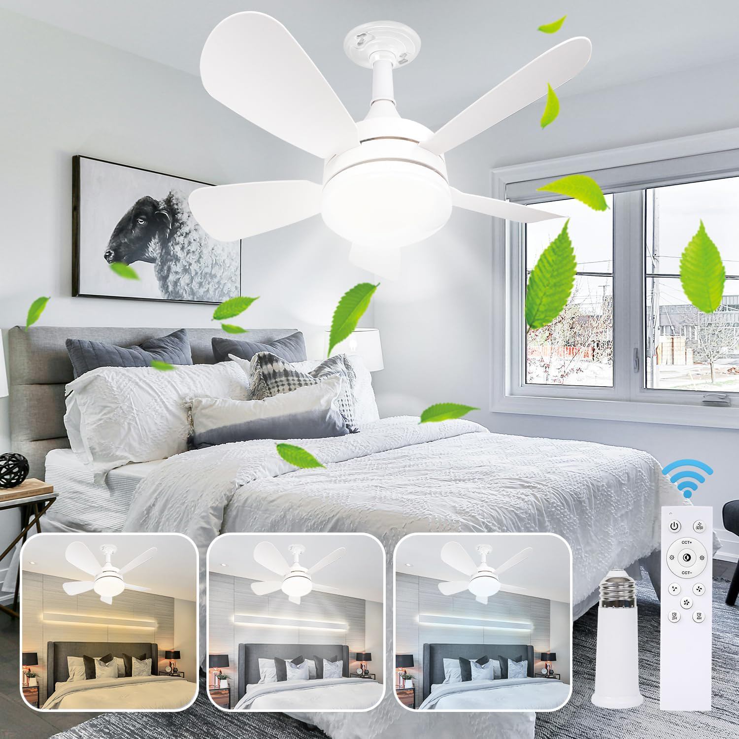 Socket Fan With Remote Ceiling Fan, Dimmable Light, 3 Colors 3000K-6500K, 2000 Lumens Screw-in for Bedroom, Kitchen, Living Room