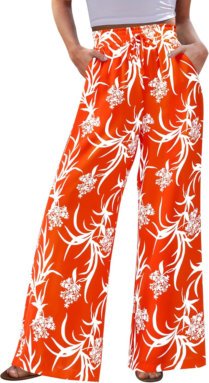 CFLONGE Wide Leg Pants for Women 2025 Casual High Waist Floral Palazzo Pant Flowy Trendy Beach Boho Trousers with Pockets