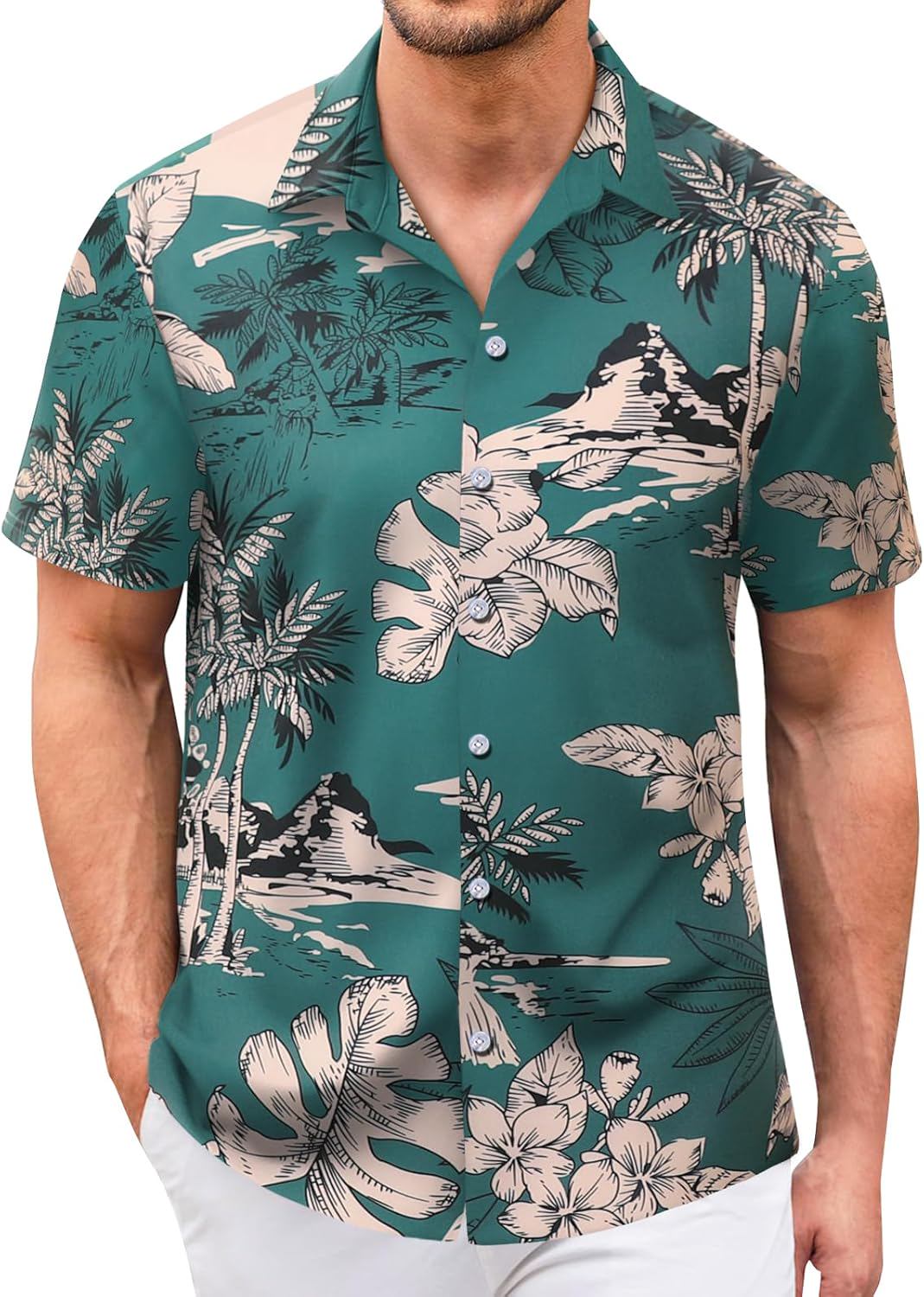 Hawaiian Shirt for Men Sleeves Printed Casual Button Down Summer Beach Dress Shirts - (color: Dark Green, size: Medium)