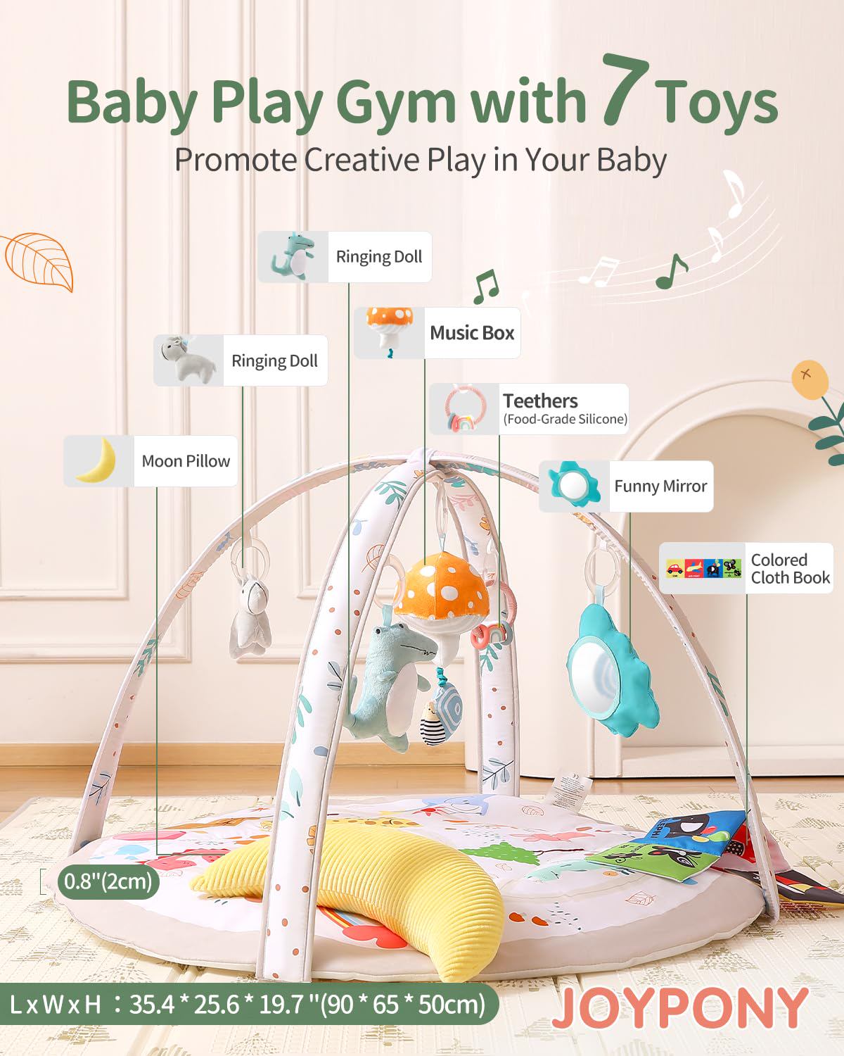 Baby Play Gym & Activity Mat, Soft Tummy Time Mat with 7 Detachable, Activity Gym with Musical, Mirror, Teething Ring, Sensory & Hanging for Newborn to Toddler Gifts
