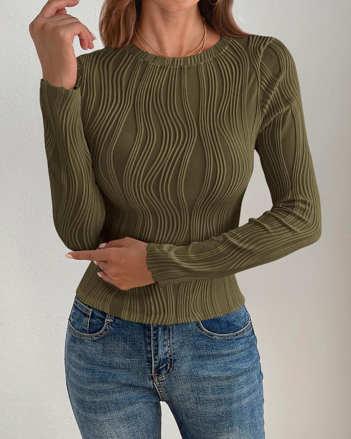 PRETTYGARDEN Women's Tops 2025 Fall Fashion Long Sleeve Crewneck Blouse Slim Fit Textured Basic Knit T Shirt Y2k Clothes