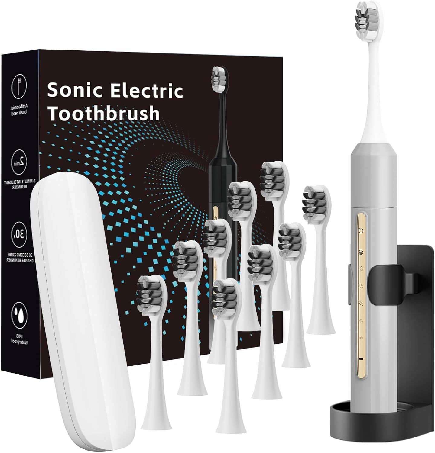 Sonic Electric Toothbrush for Adults & Kids - 10 Brush Heads, 30-Day Battery, 5 Modes, 2-Min Timer, IPX8 Waterproof, Rechargeable & Travel-Friendly （Silver）