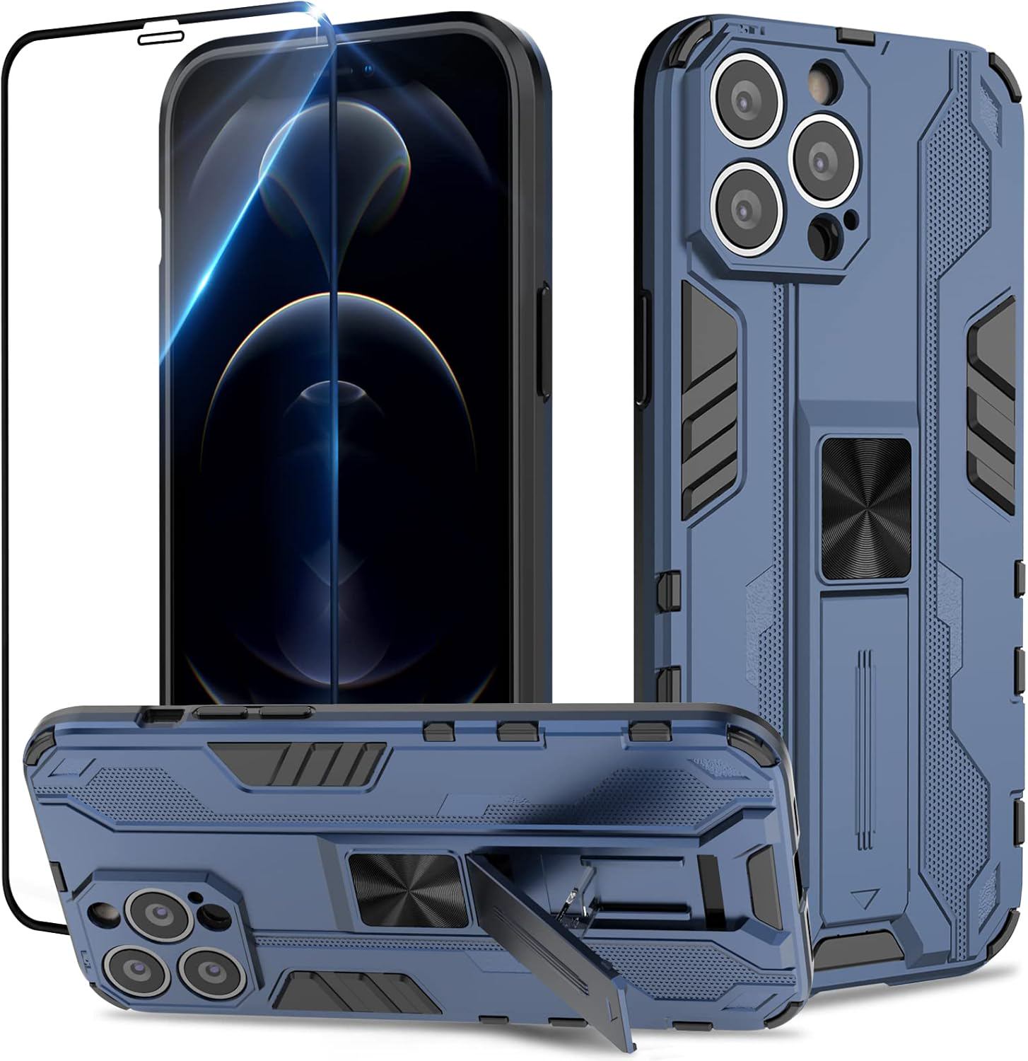 Case Compatible with iPhone 12 Pro, with Screen Protector Tempered Glass, Heavy Duty Shockproof Tough Armour Case with Stand Protective Personalised Phone Cover - Blue