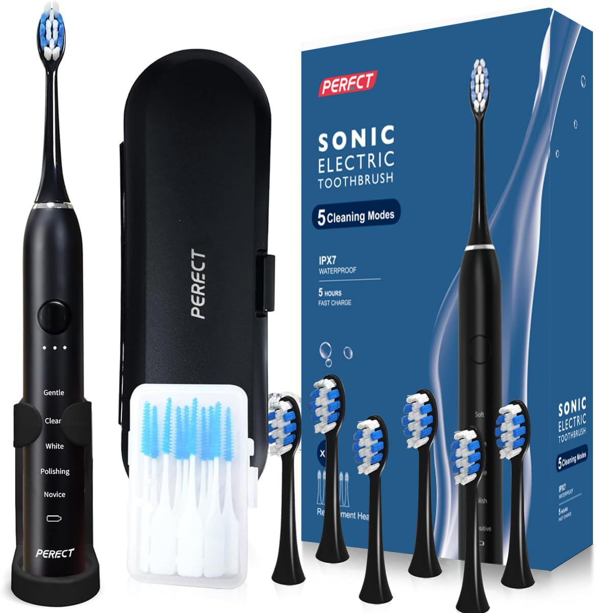 Sonic Electric Toothbrush for Adults, 6 Brush Heads, 5 Modes Electric Toothbrush, Travel Rechargeable Power Toothbrush with Smart Timer & Soft Picks, IPX7 Waterproof, Black