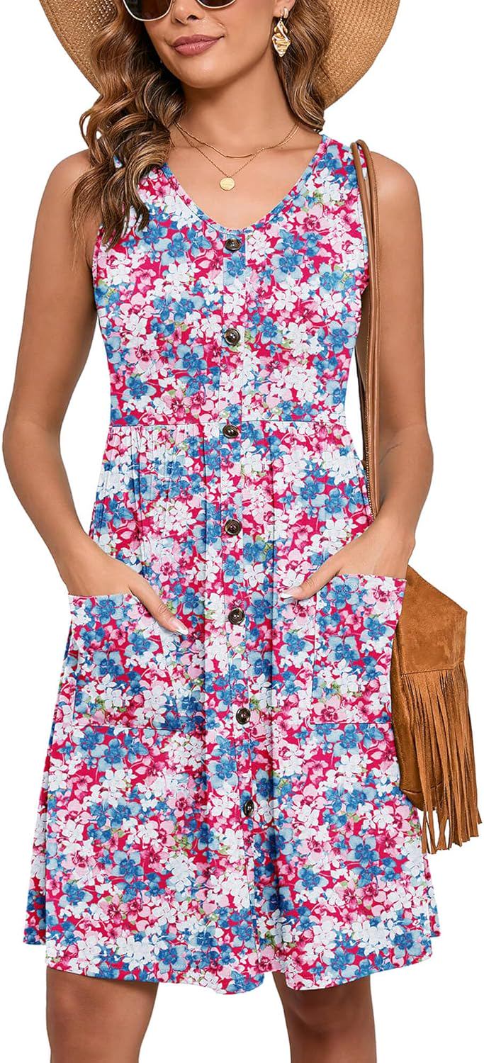 Heymoments Women's Summer Dresses Sleeveless Casual Fashion Loose Swing Button Down Midi Dress with Pockets - (color: A18-luxuriant Flowers Red, size: Large)
