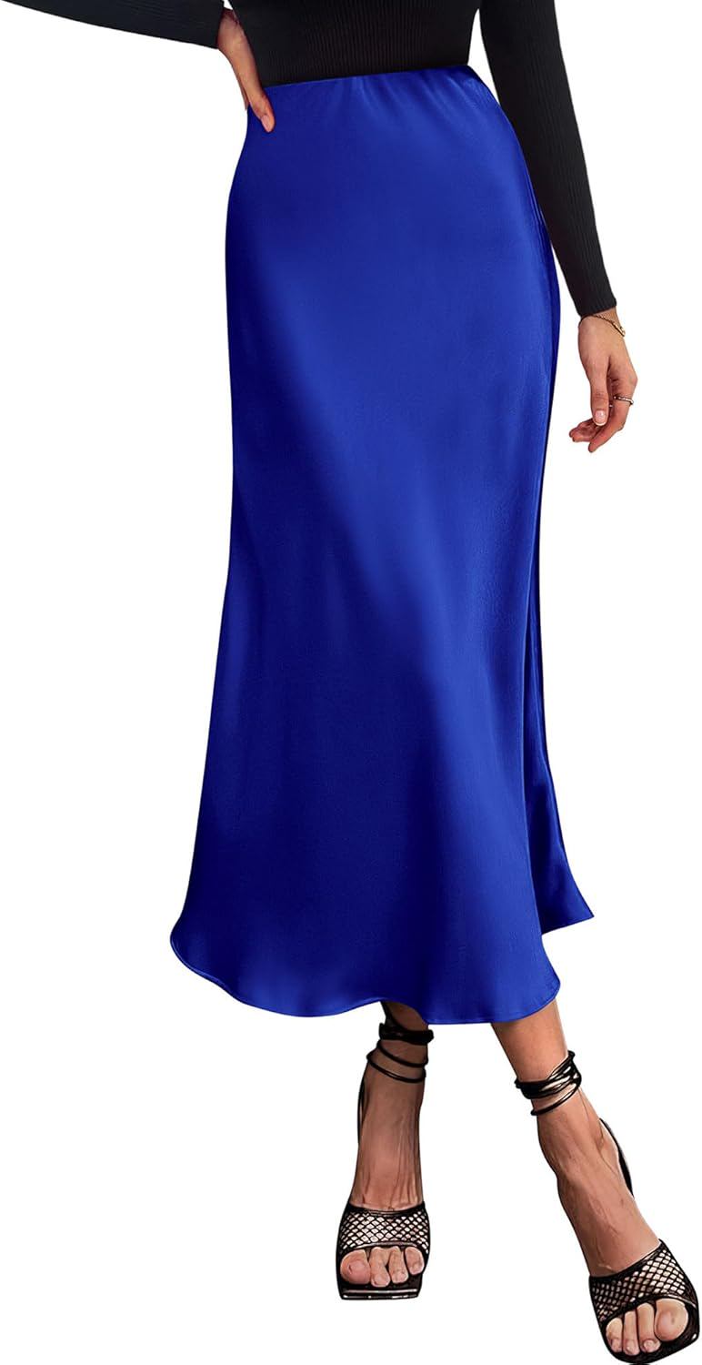 BTFBM 2025 Women Summer Spring Long Satin Skirt Silk Elegant High Waist Cocktail Party Wedding Flowy A-Line Midi Skirts - (color: Royal Blue, size: X-Large)