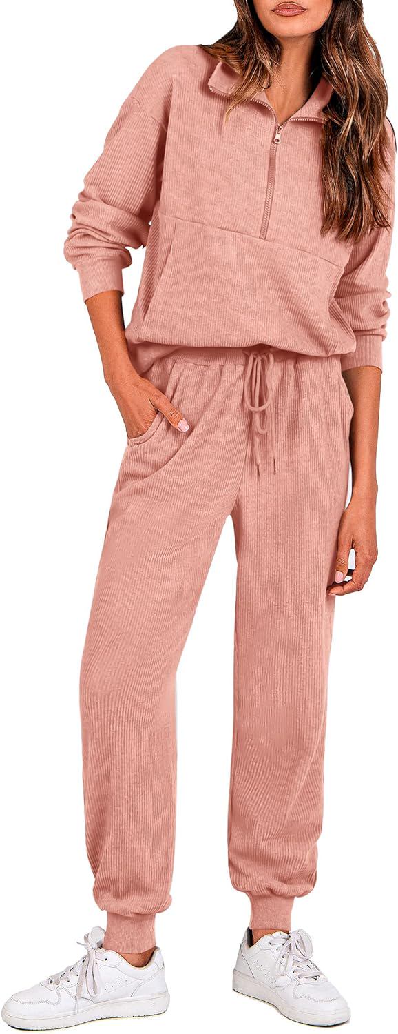 PRETTYGARDEN Womens 2 Piece Sweatsuits Set Long Sleeve Half Zip Pullover Sweatshirt Joggers Sweatpants Fall Outfits Tracksuit - (color: Pink, size: X-Large)