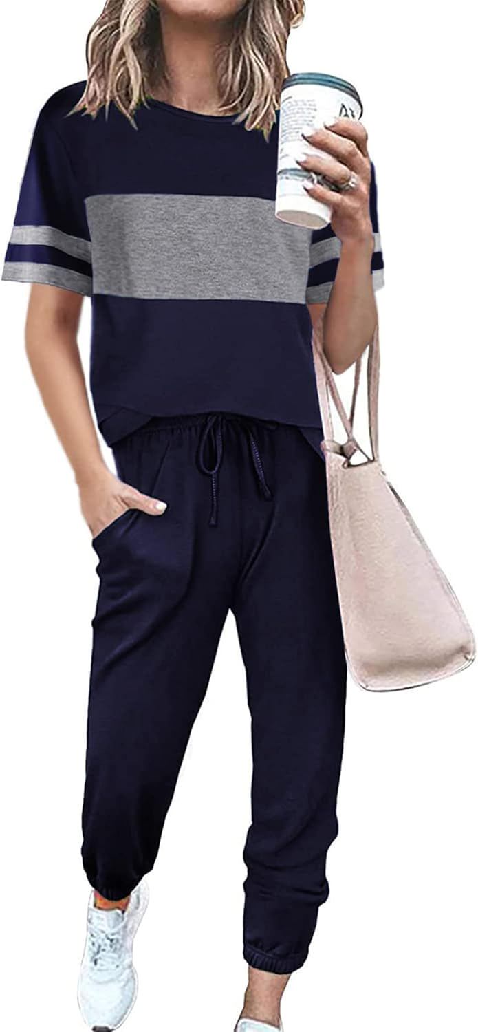 PRETTYGARDEN Women's Two Piece Lounge Sets 2025 Spring Summer Jogger Pants Vacation Outfits Travel Airplane Matching Clothes - (color: Striped Navy, size: X-Large)