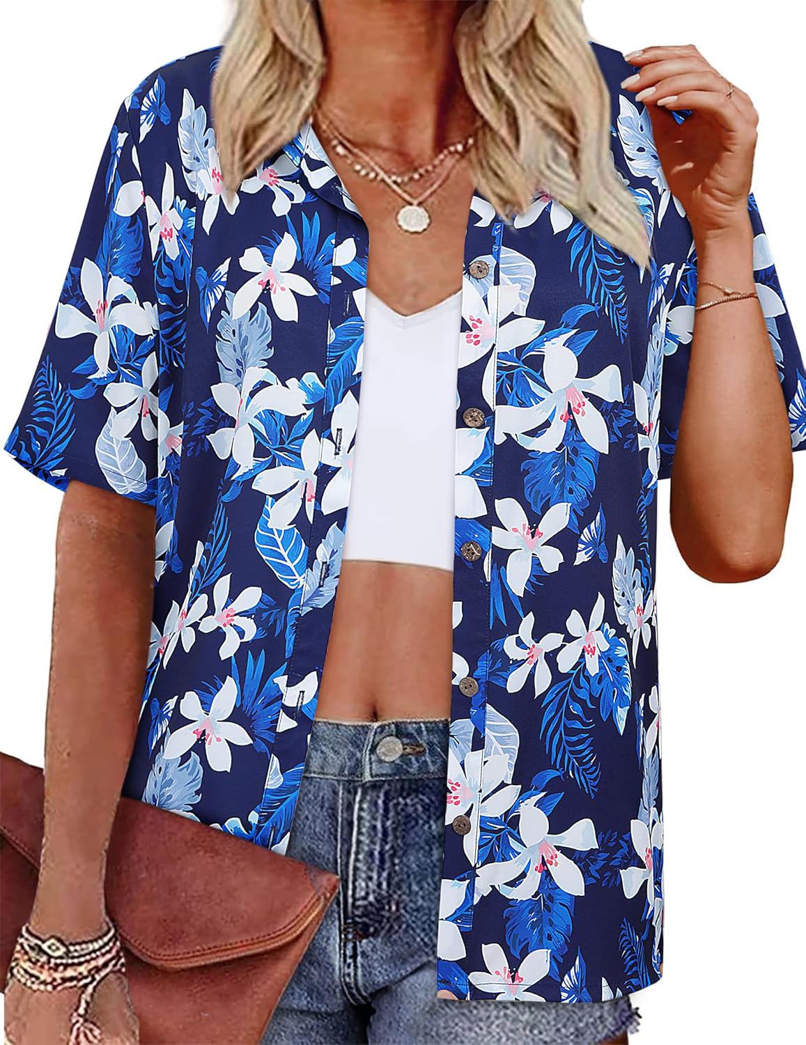 LILYCHIC Women's Hawaiian Shirts Coconut Button Summer Soft Button Down Shirts Short Sleeve - (color: A-blue-floral Leaf, size: 3X-Large)