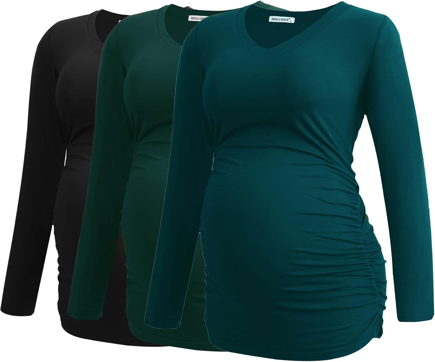 Smallshow Women's V-Neck Maternity Shirt Clothes Long Sleeve Ruched Pregnancy Top