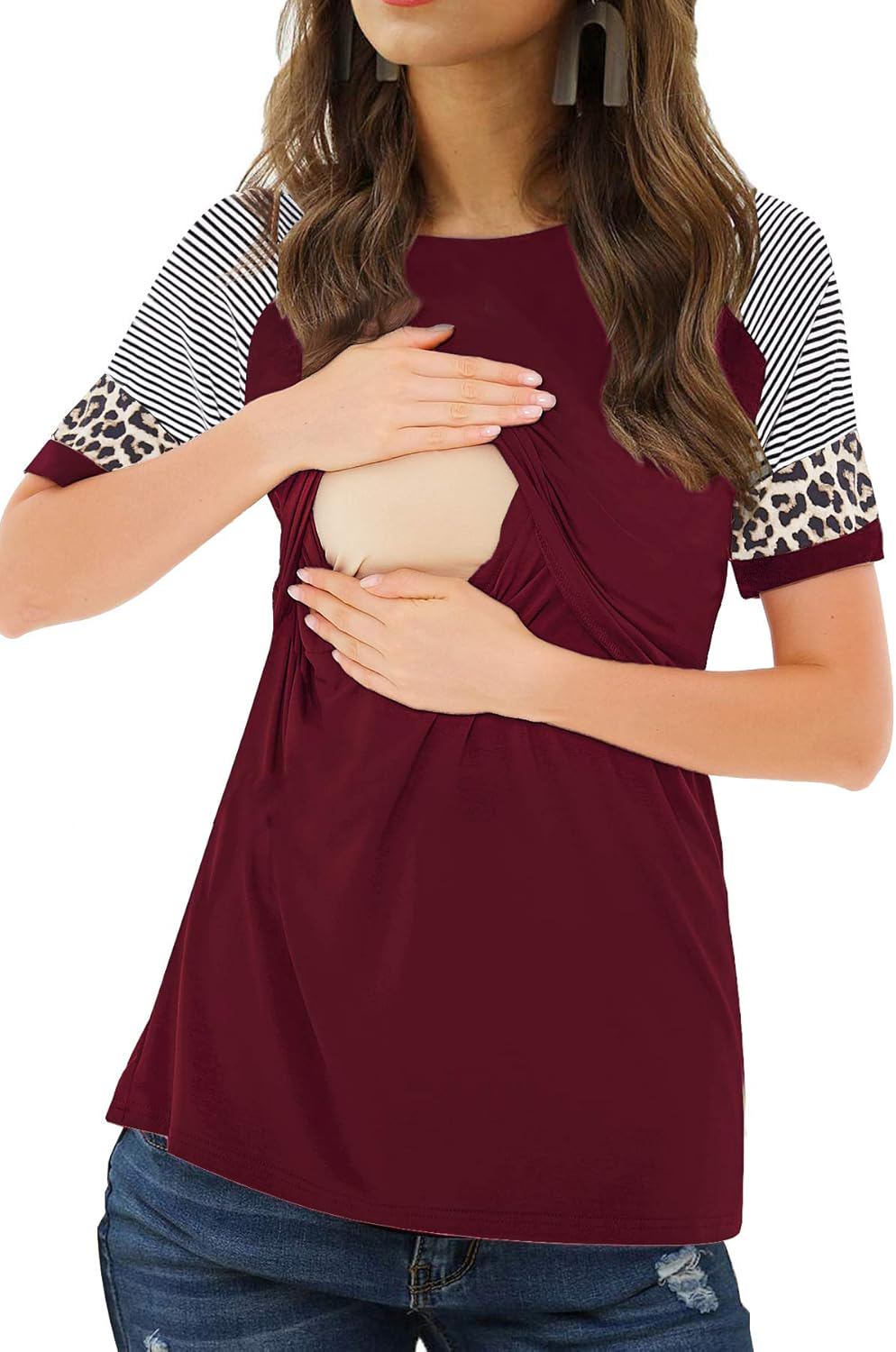 Smallshow Women's Nursing Shirts Short Patchwork Sleeve Breastfeeding Top