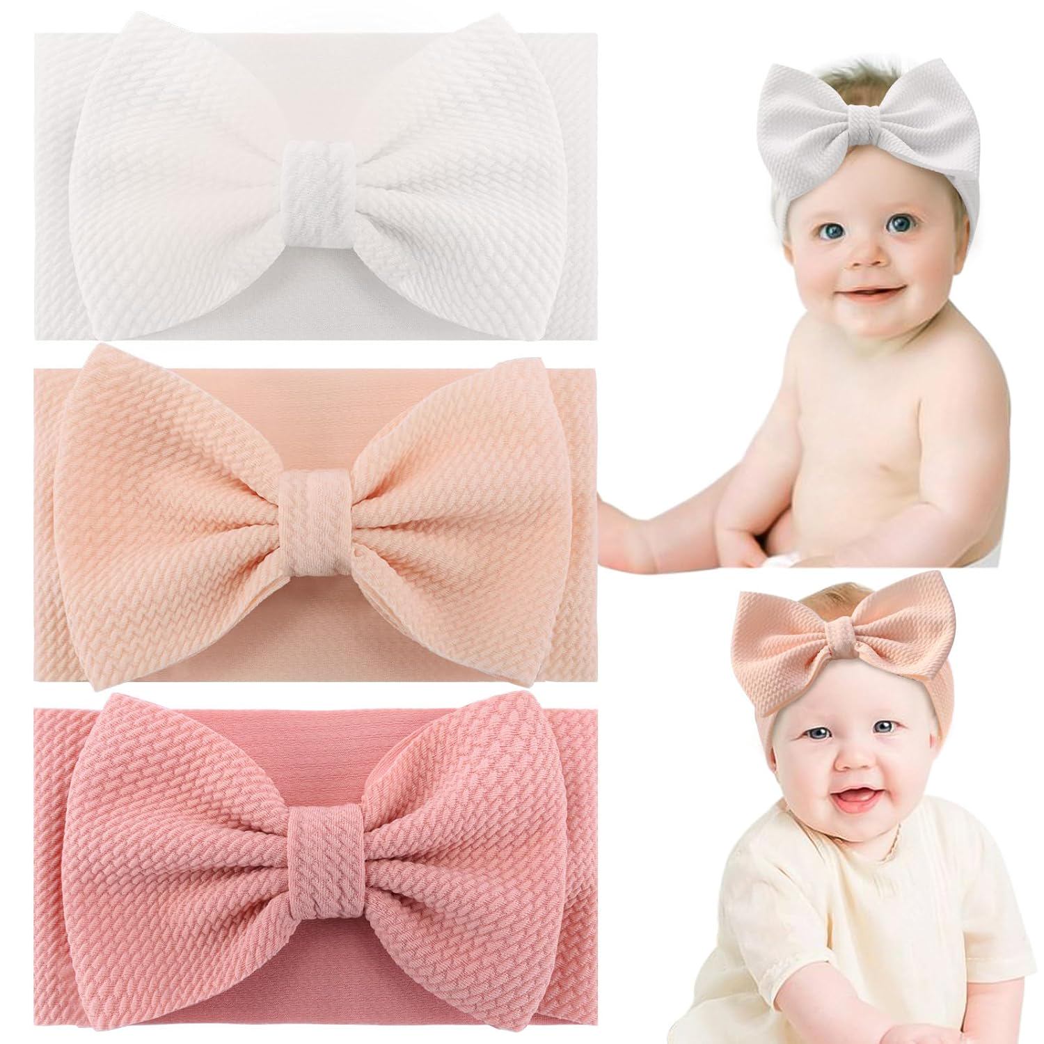 3pcs Baby Girl Bows, Soft Elastics Nylon Baby Headbands, Handmade Waffle Newborn Hairbands Hair Accessories for Preemie Infant Toddler - Beige White Pink