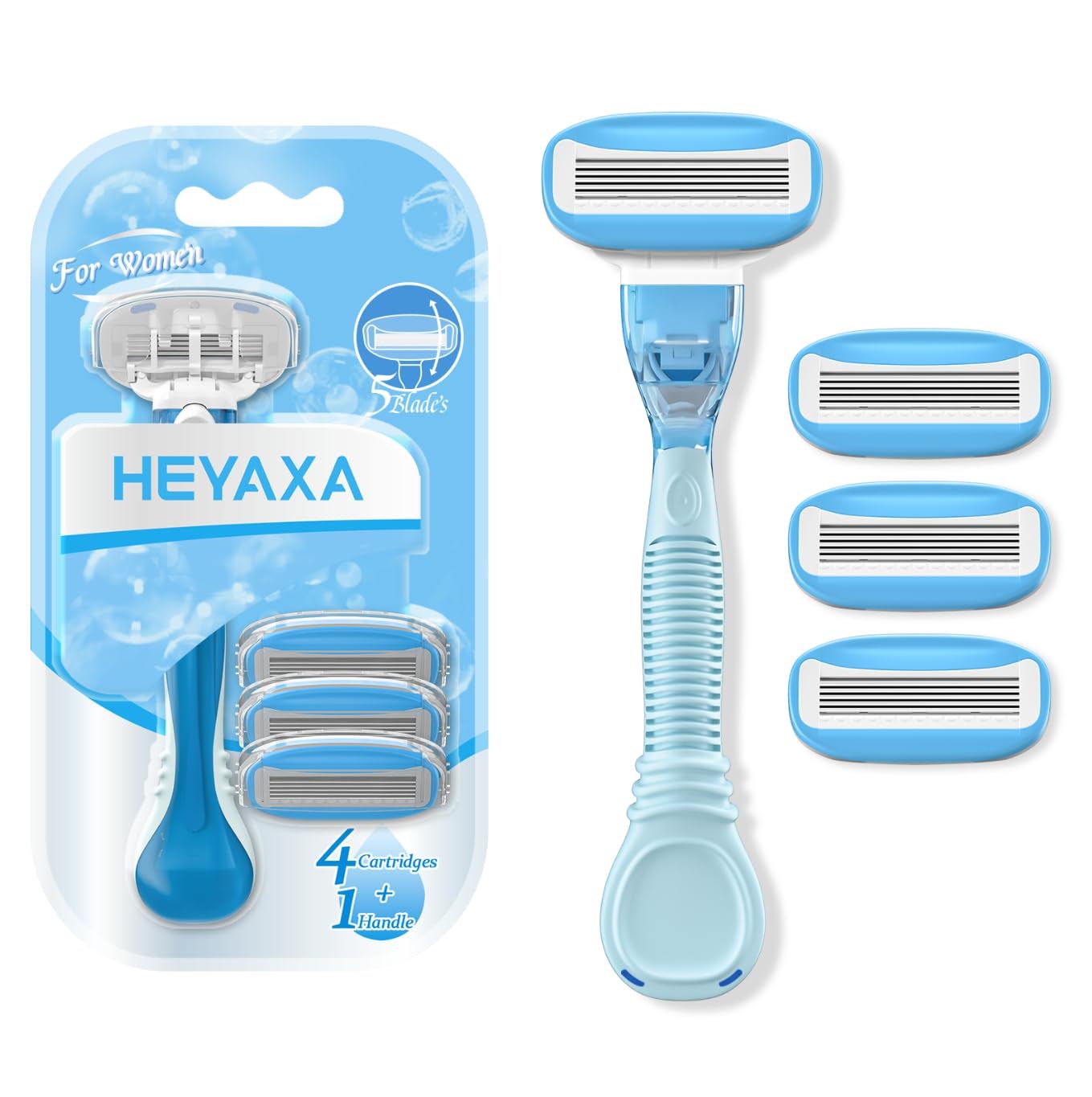 Razors for Women with 4 Razor Refills and 1 Non-Slip Handle, Womens Razors for Shaving with Organic Lubricating Strip, Disposable Razor with 5 Blades (Blue)