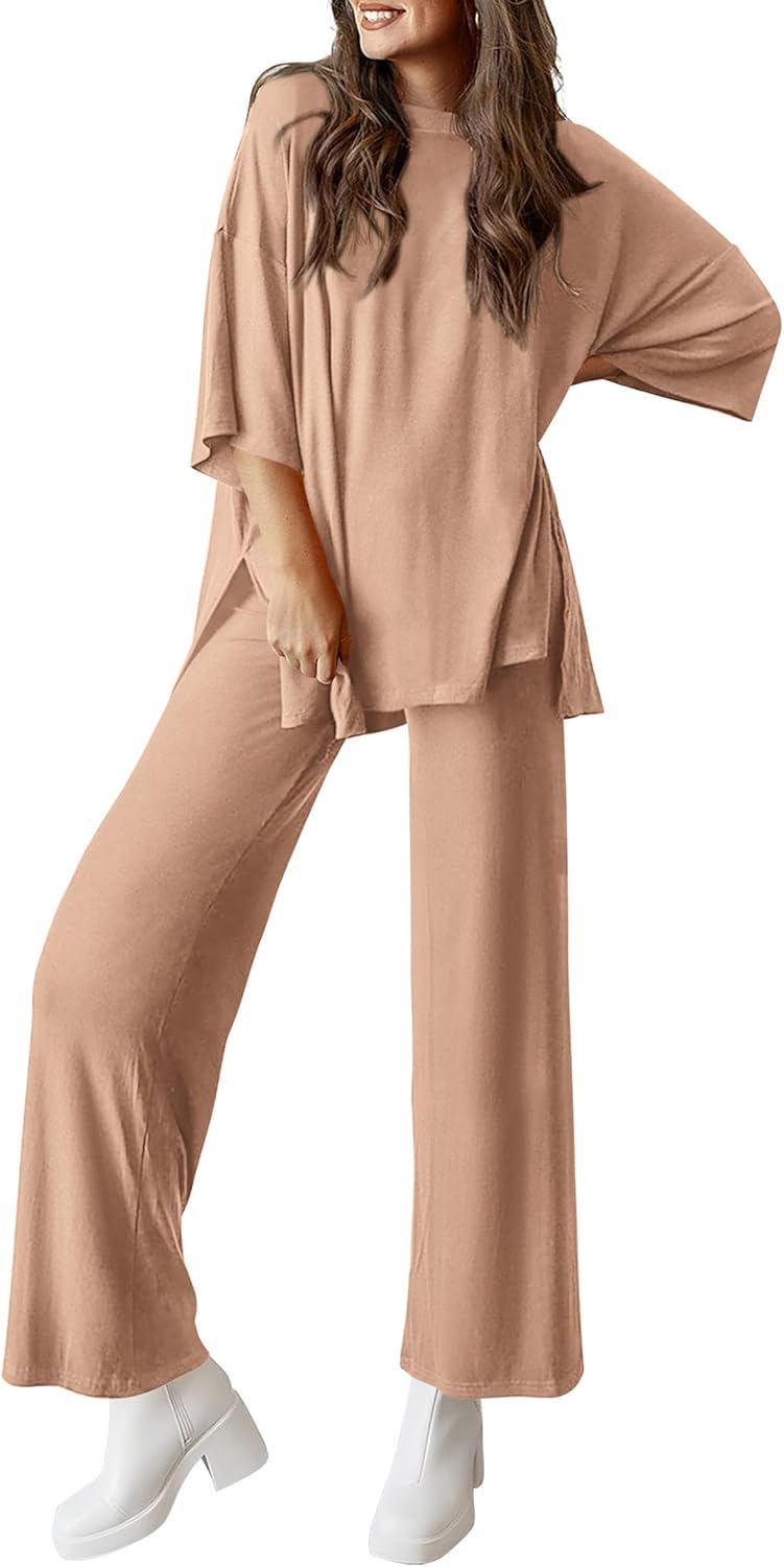 PRETTYGARDEN Women's 2 Piece Outfits Casual Short Sleeve Pullover Tops and Wide Leg Pants Lounge Sets Tracksuits - (color: Khaki, size: Small)
