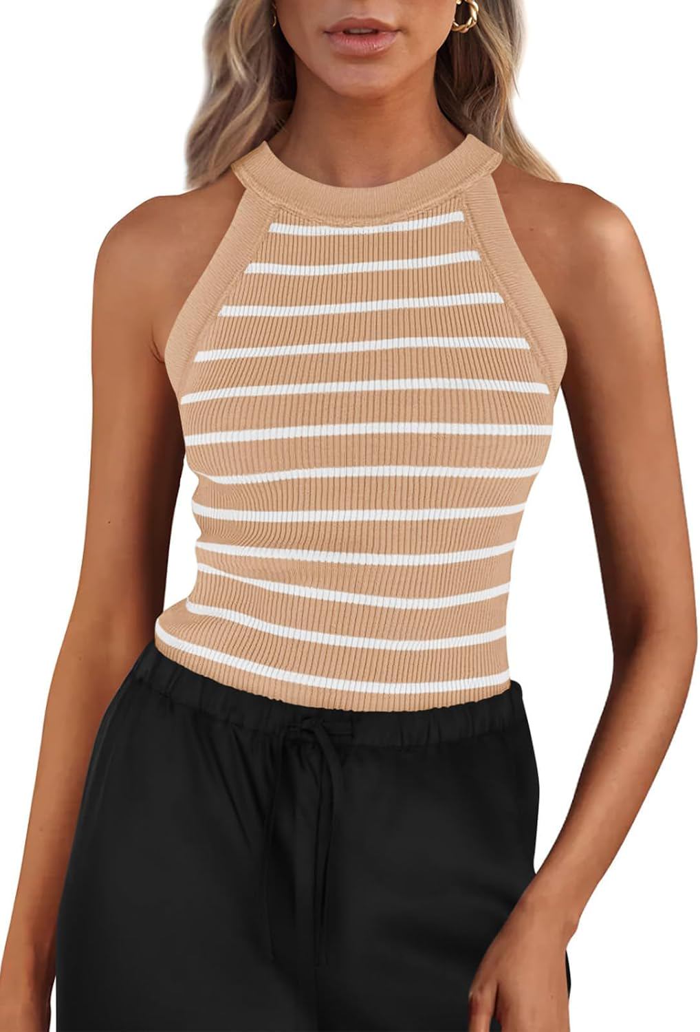 PRETTYGARDEN Womens Tops Dressy Casual Halter Neck Going Out Tank Tops for Women 2025 Slim Fit Ribbed Striped Summer Tanks